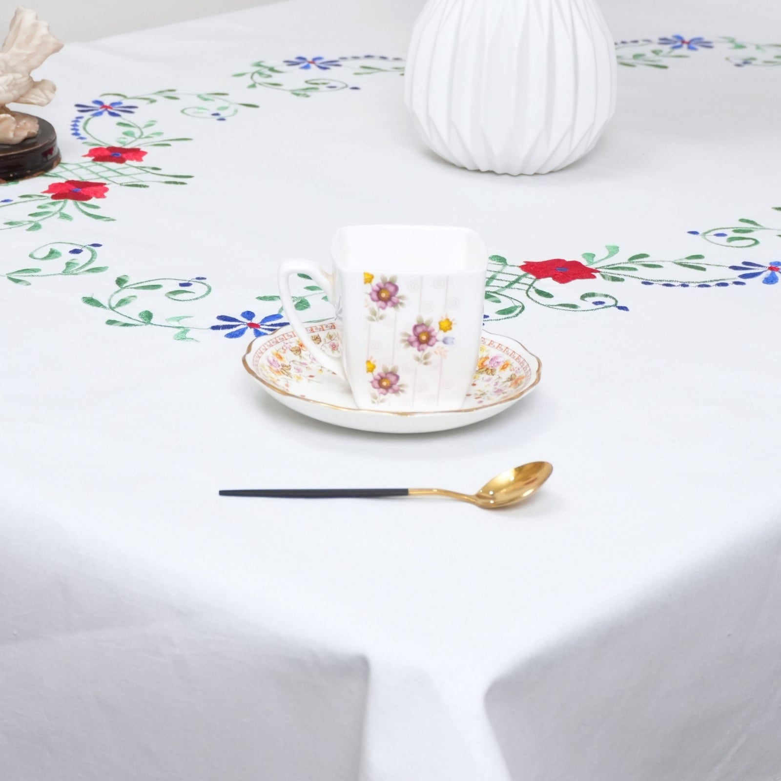 Green Blue Floral Boho Indian Artisan Embroidered Table Cover
