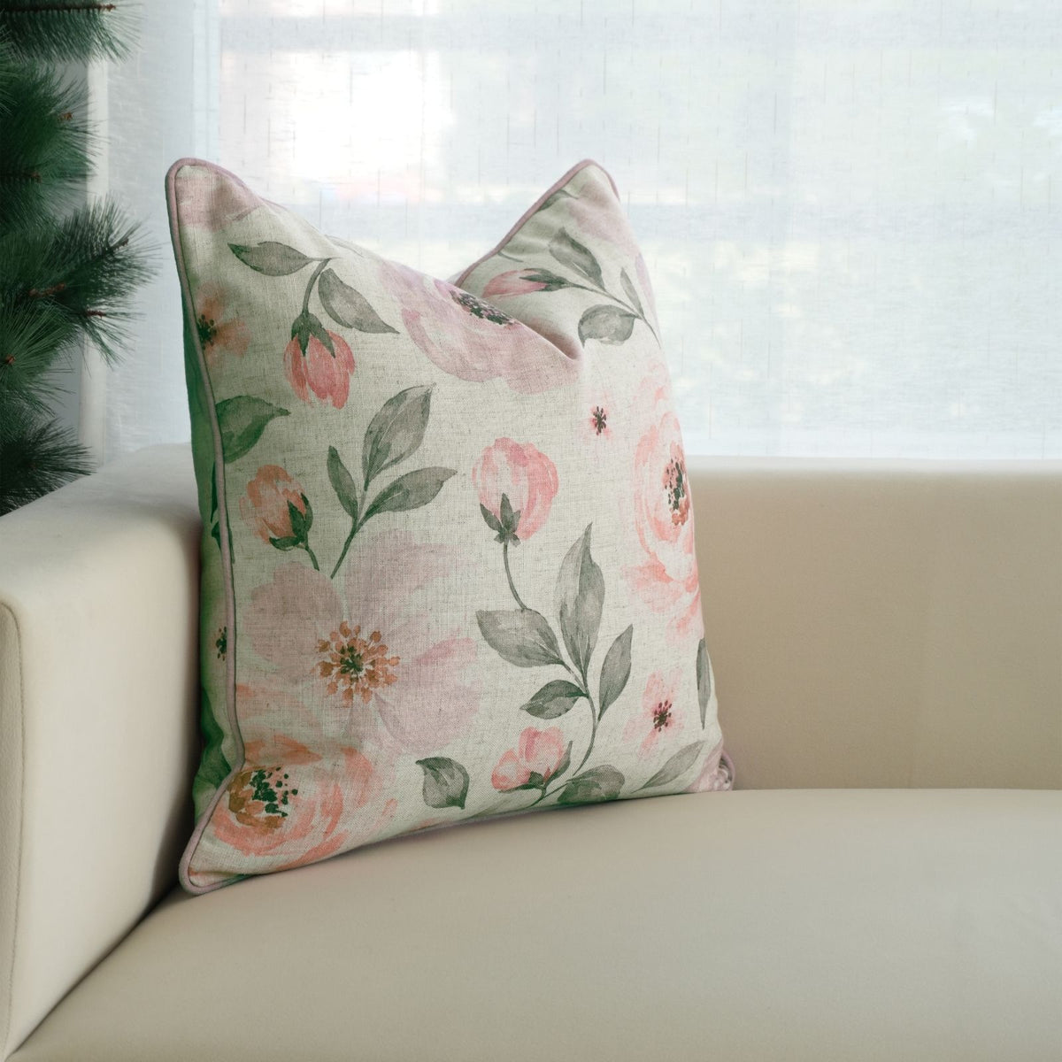Rose Floral Printed Cream Viscose Linen Piping Cushion Cover 