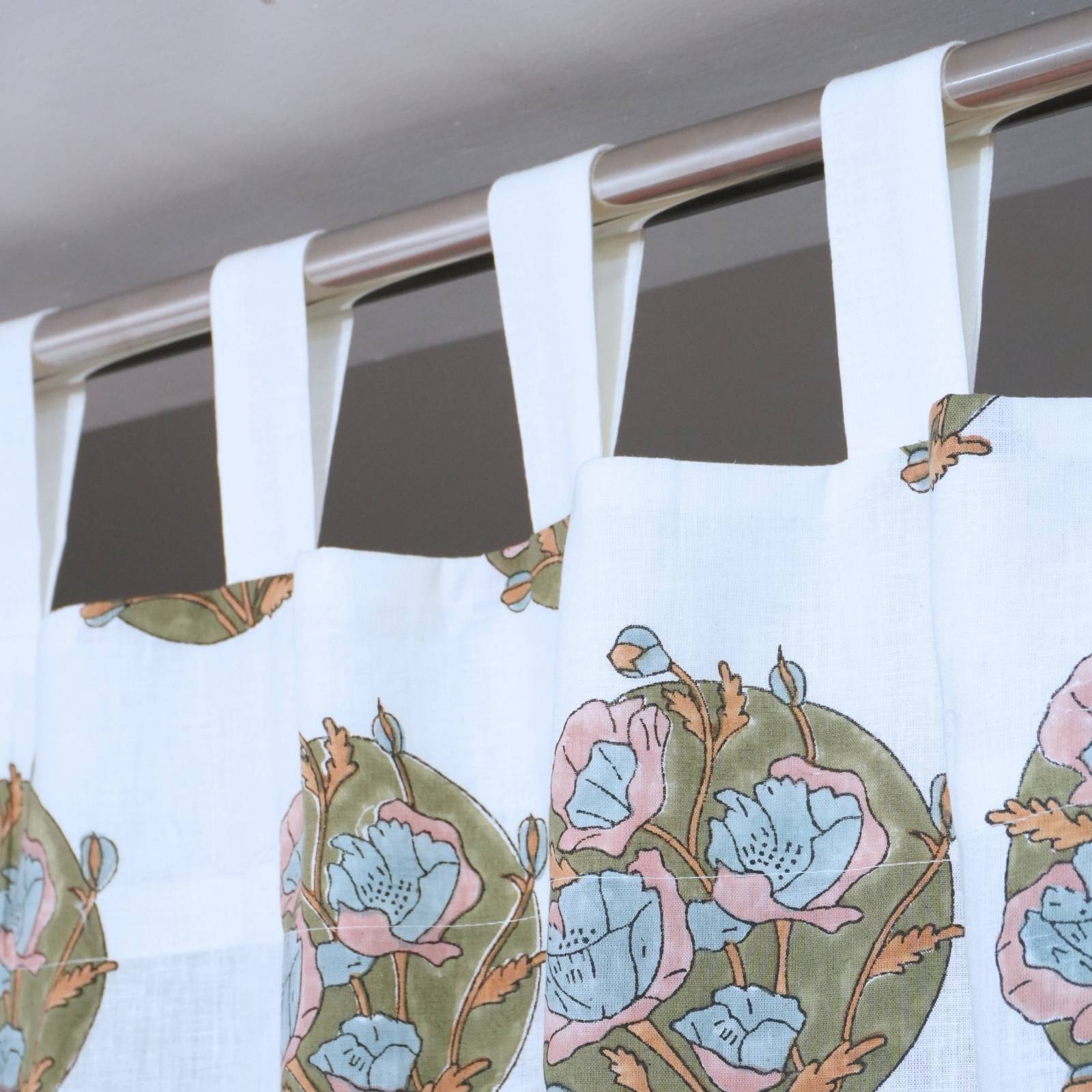 Indain Pink Floral Block Print Viscose Colored Linen Curtains - Sandhya Pushap