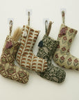 Hand Block Printed Pure Linen Christmas Stocking in Wine & Gray Floral Holiday Decor with Pom Pom Tassel - Hridyavan