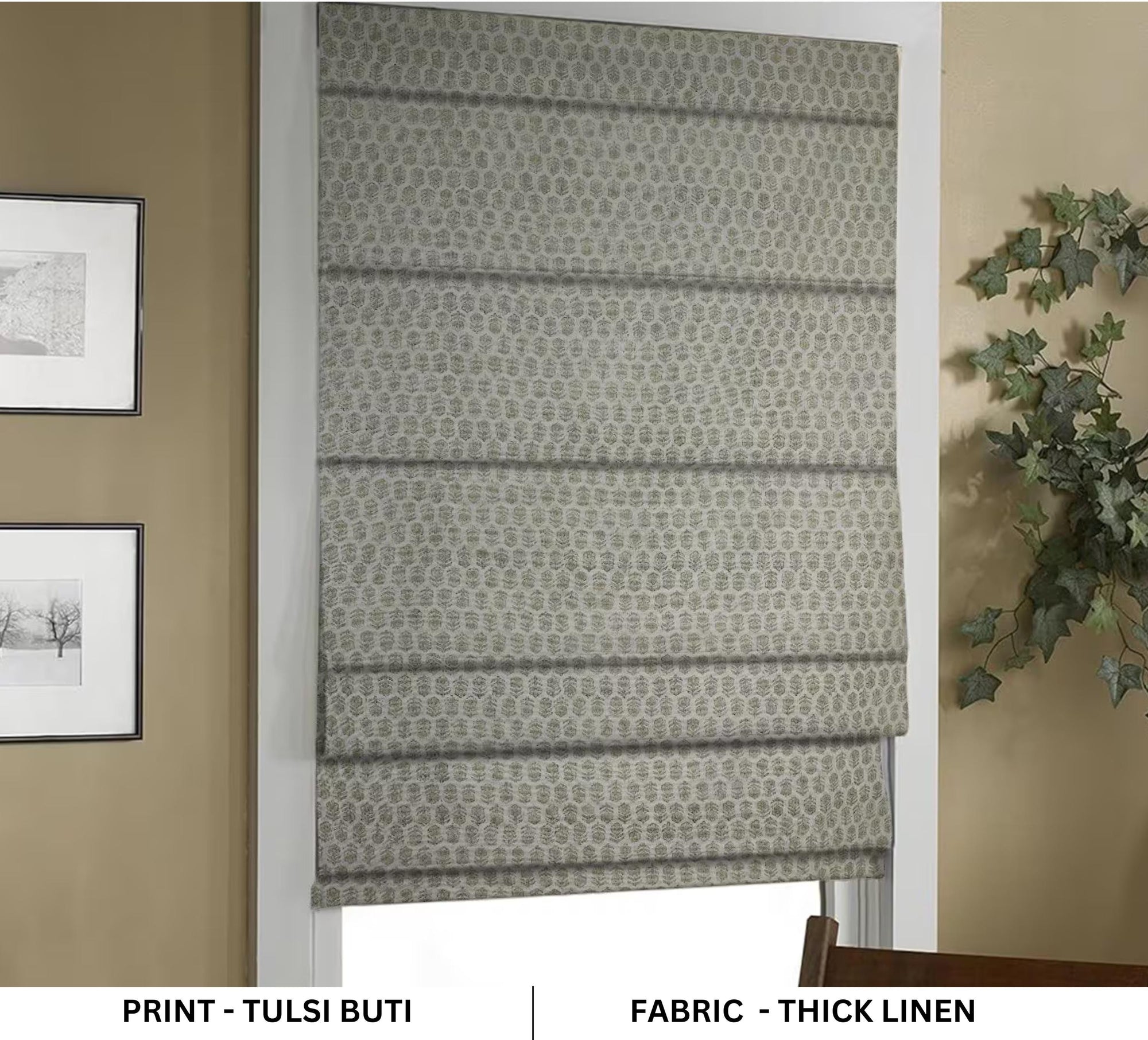 Decorative linen roman blinds with corded lift system and floral motifs. Adds grace and subtle texture to bedrooms or studios.