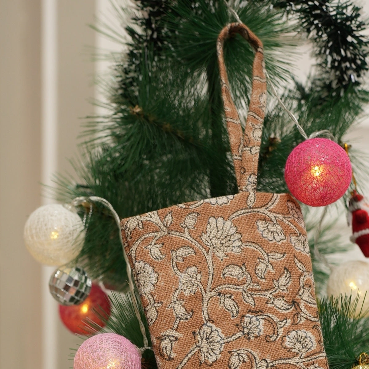 Indian Hand Block Printed Himachal Brown & Beige Floral Thick Linen Christmas Stockings Ethnic Festive Decor & Gifting