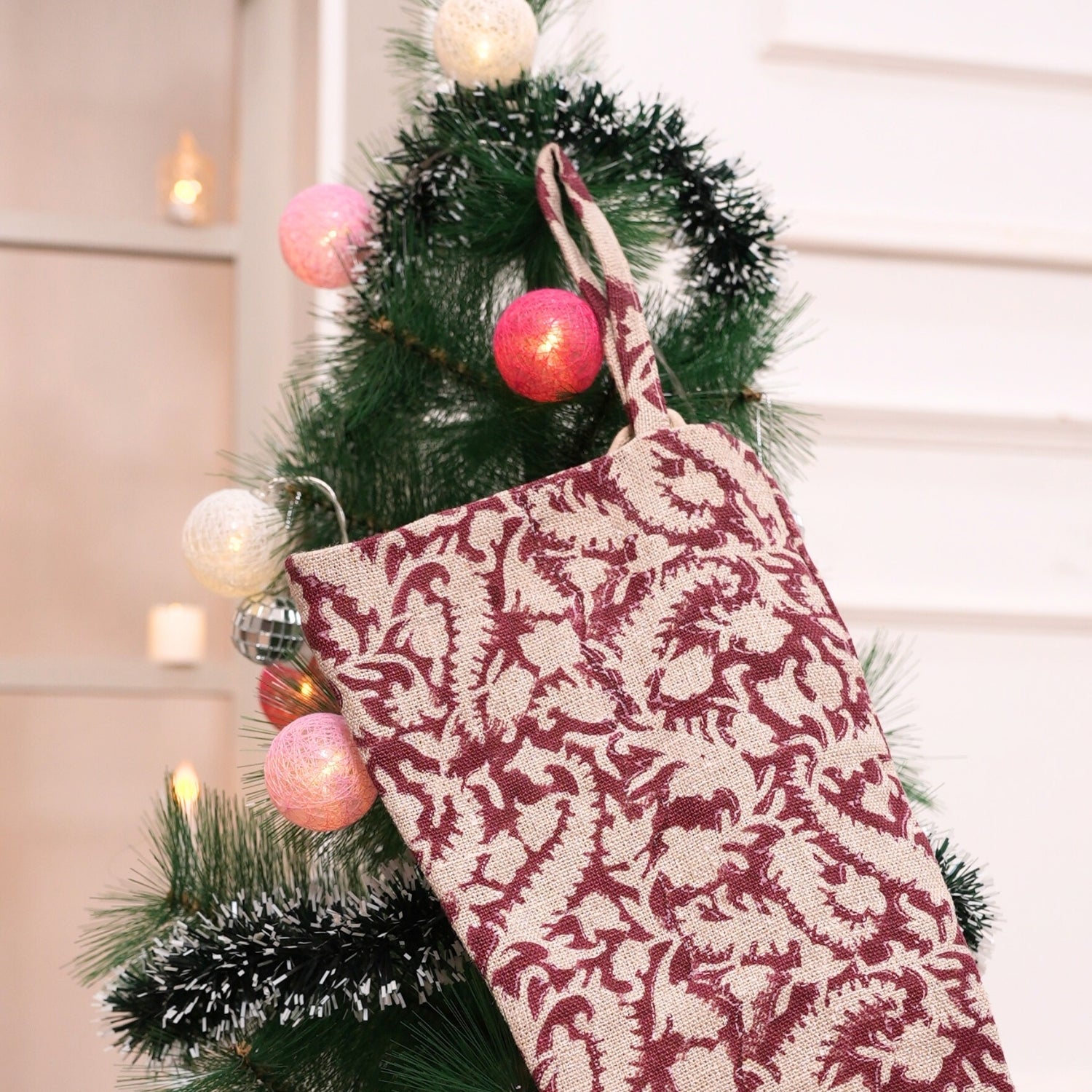 Handcrafted Black Forest Maroon & Beige Floral Block Printed Thick Linen Christmas Stockings with Pom Pom Elegant Holiday Décor