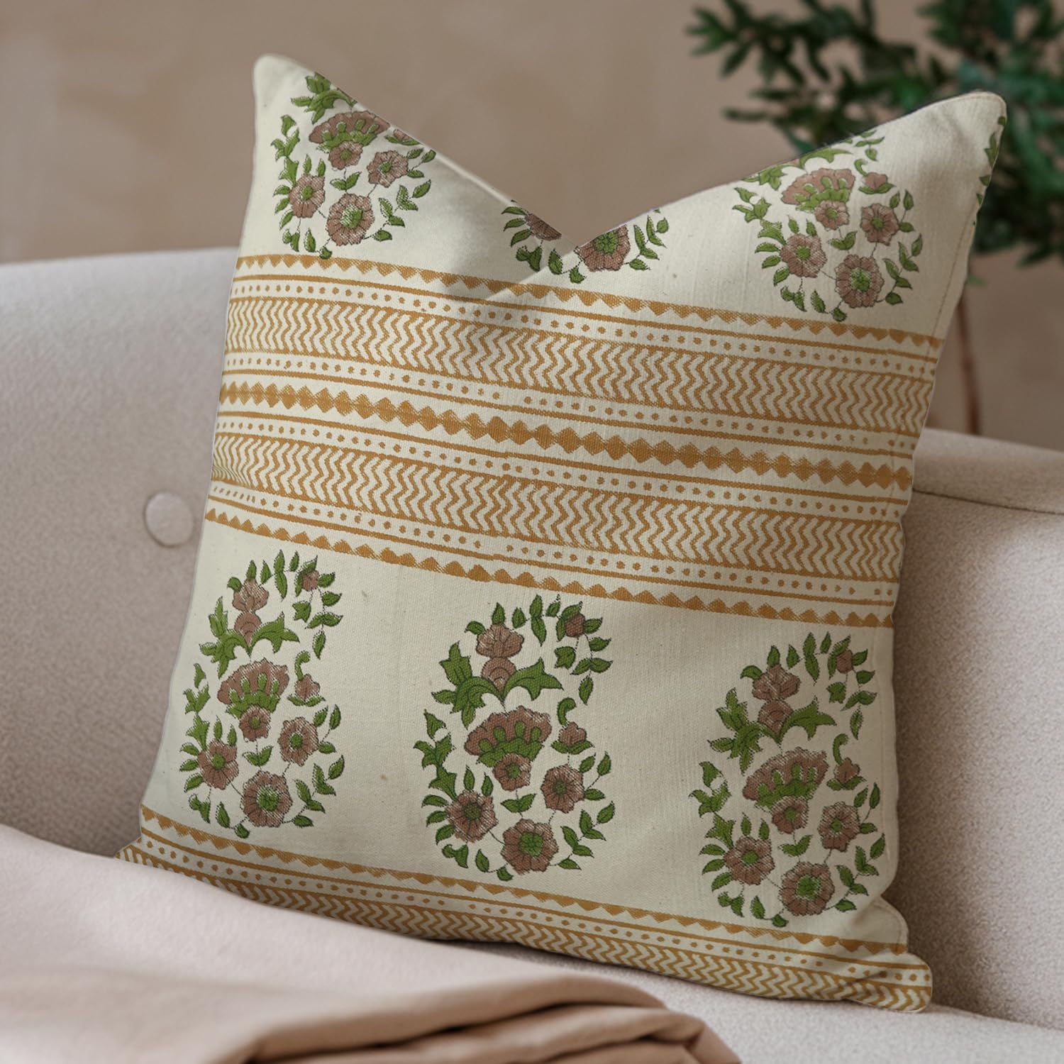 Fabdivine Duck Canvas Fabric Vintage Handmade Green & Yellow Block Floral Print with Zipper 20x20 Inch Pillow Cover Decorative for Bedroom, Living Room, Sofa & Couch,Outdoor-Anar Kali