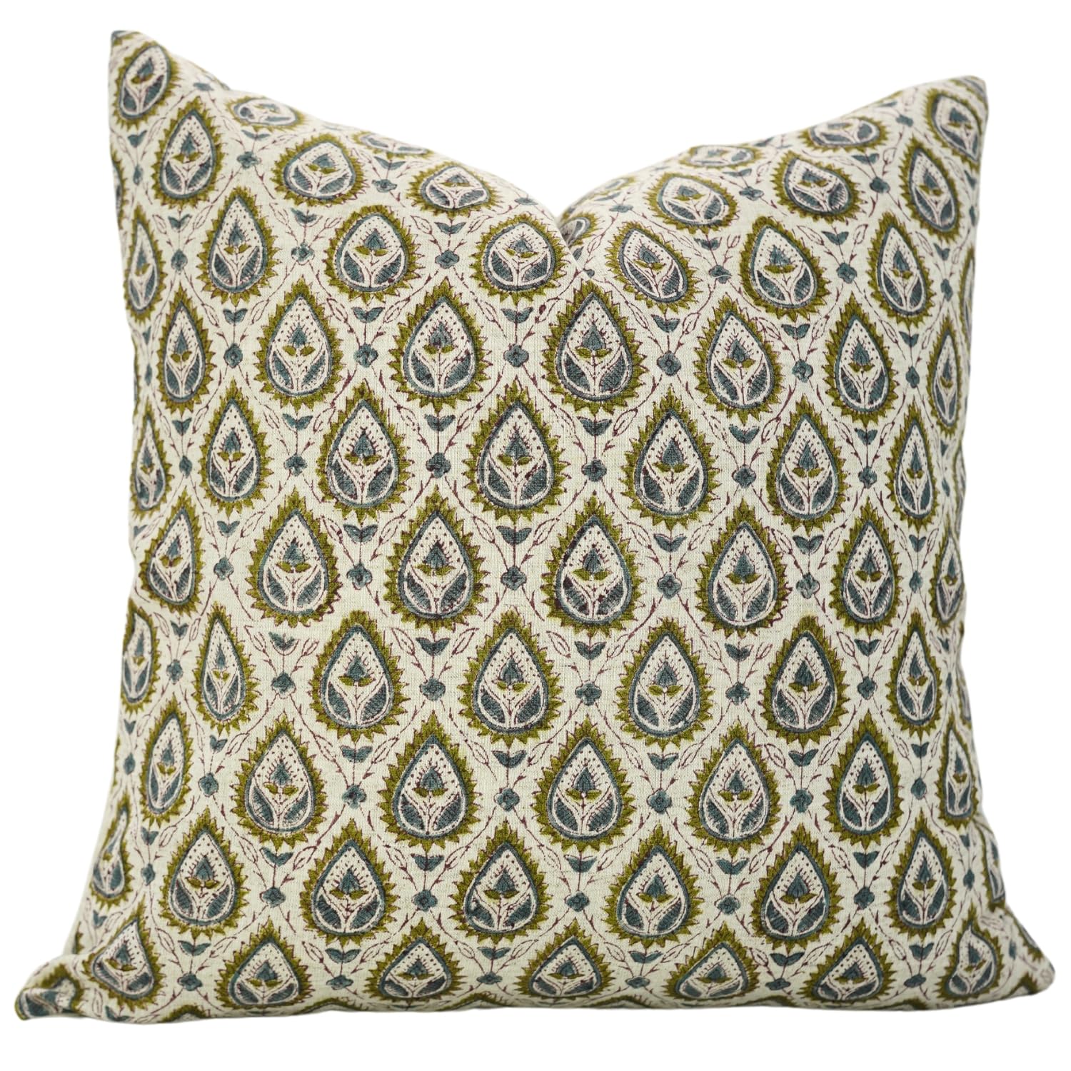 Fabdivine Handmade Block Print Decorative 22X22 Inches Throw Pillowcase Cushion Cover with Hidden Zipper for Sofa, Couch, Farmhouse, Summer, Spring, Fall Decoration, Paan Patti, Green