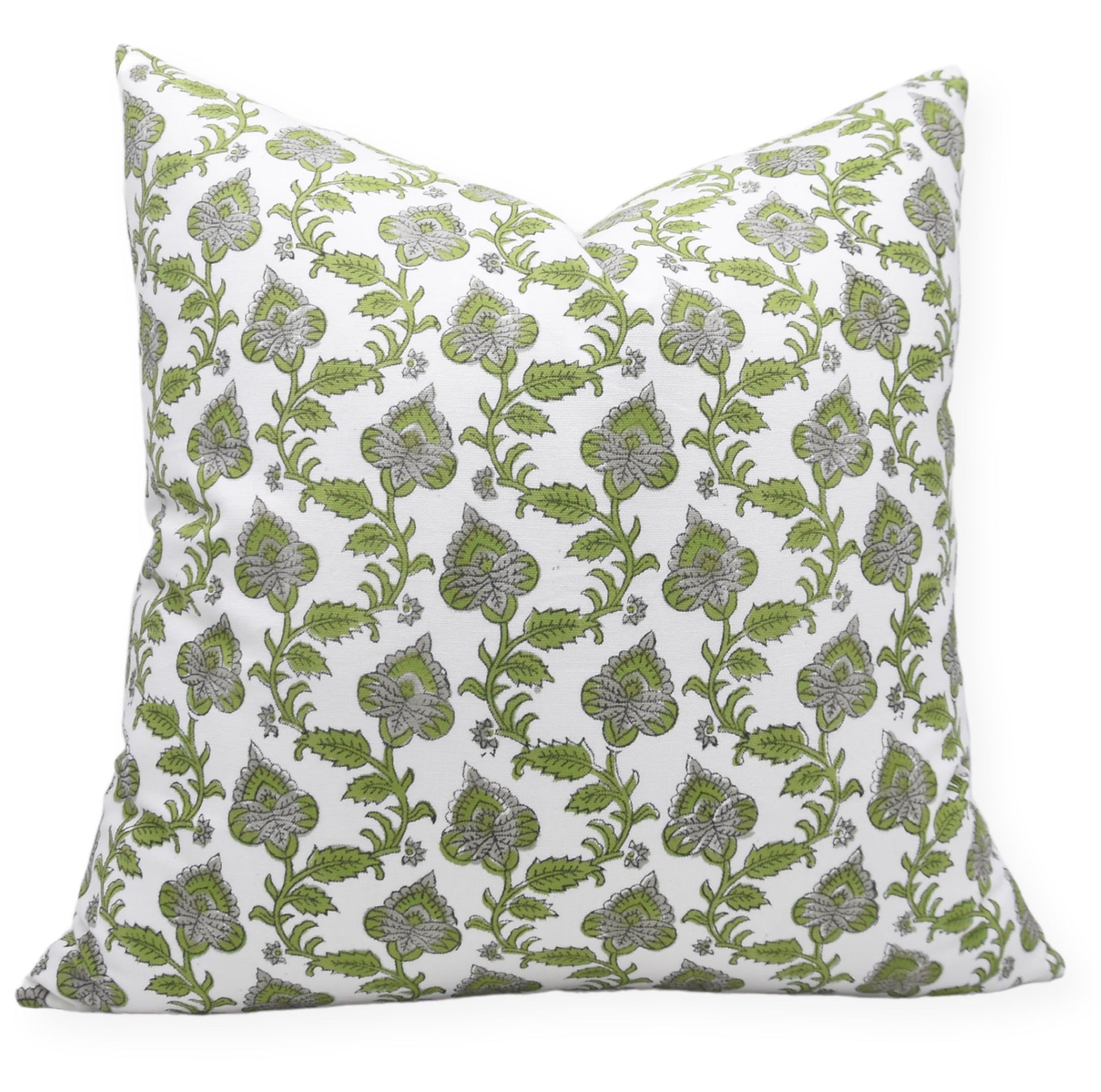 Fabdivine Thick Cotton White Handmade Block Print 22x22 Inch Throw Pillowcase Cushion Cover with Zipper for Sofa, Couch, Chair and Bed (Madhubala-Green)