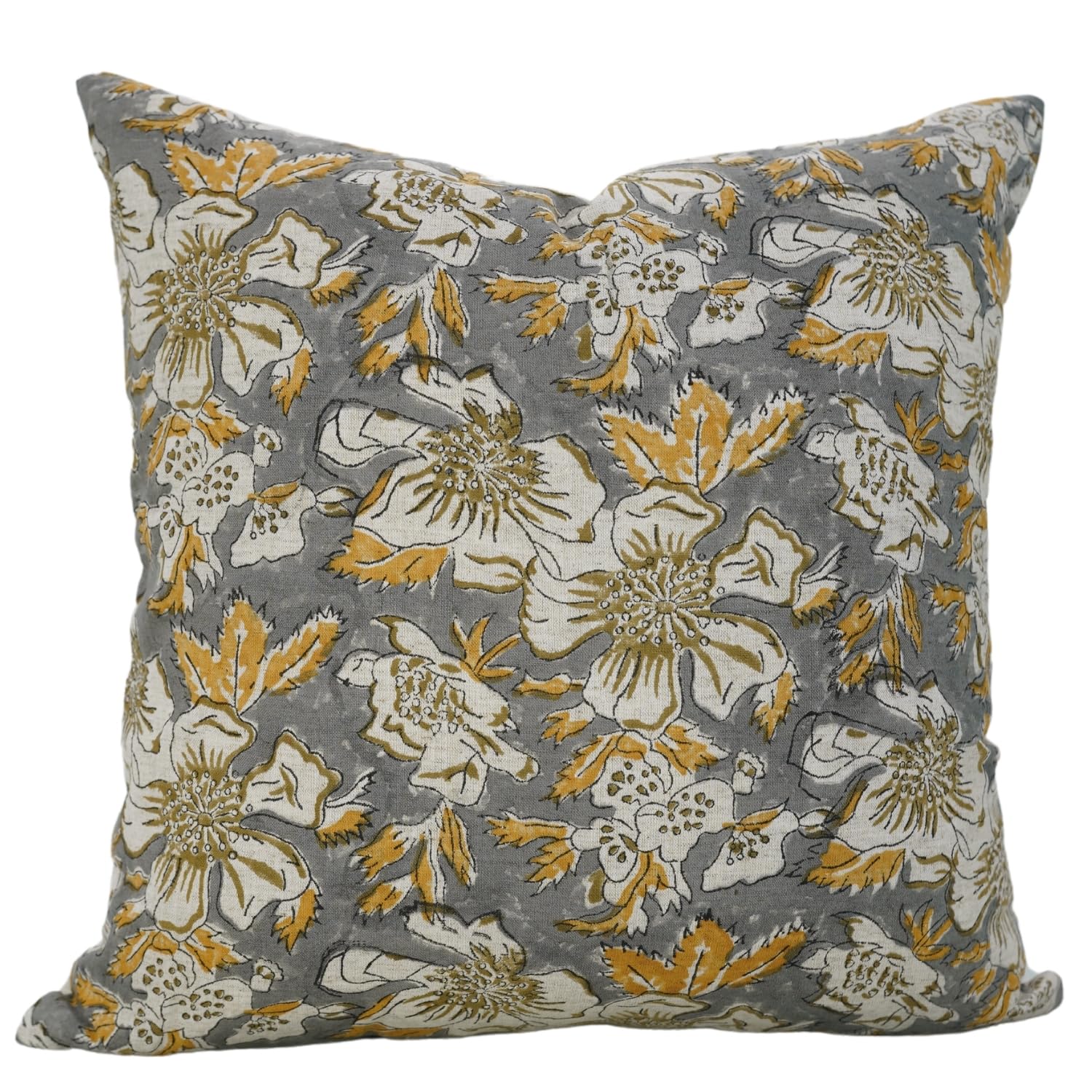 Fabdivine Pillow Covers Handmade Block Print Decorative 20X20 Inches Throw Pillowcase Cushion Cover with Hidden Zipper for Sofa, Couch, Farmhouse, Summer, Fall Decoration, Papaya Leaf, Gray