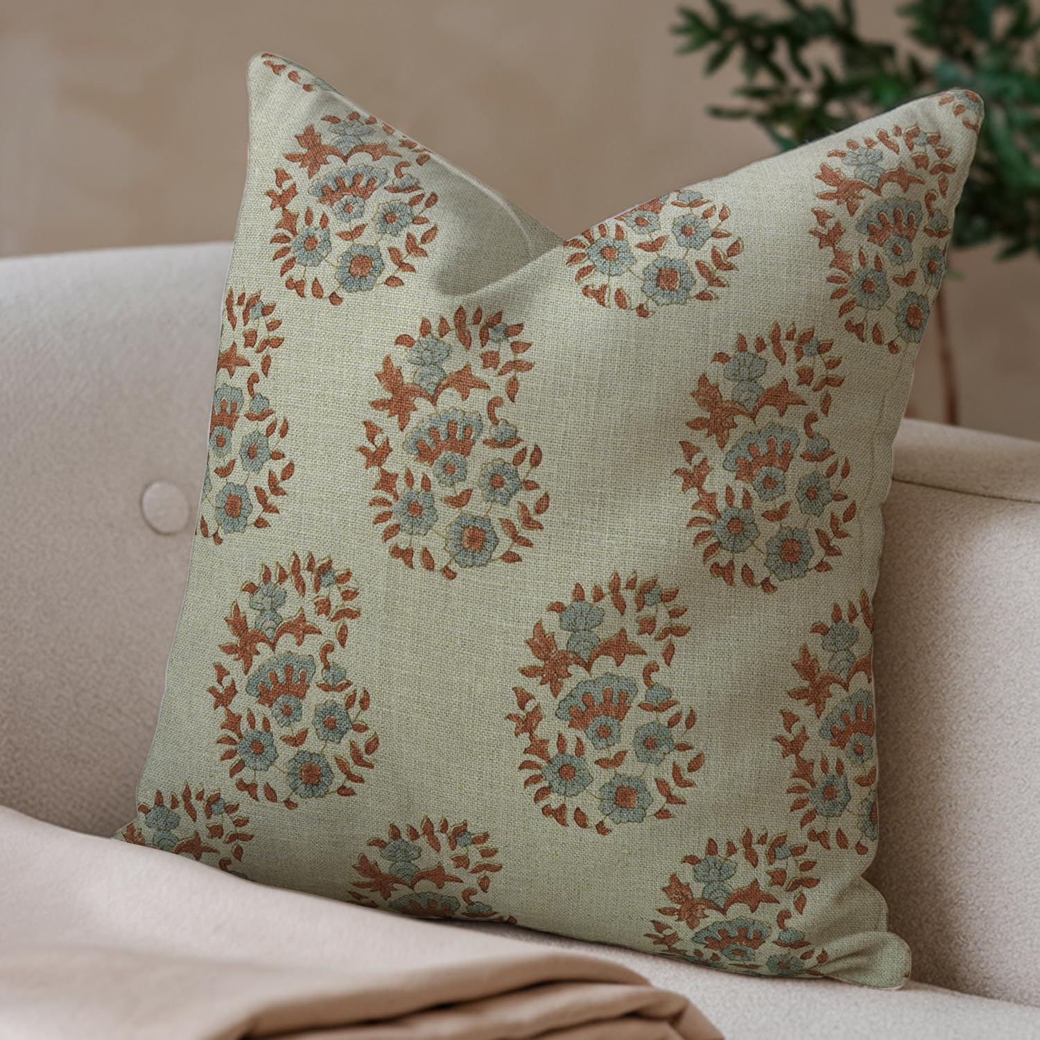 Fabdivine Artistic Handmade Rust Brown Block Print Pure Linen 22x22 Inch Throw Pillowcase Cushion CoverDecorative for Bedroom, Living Room, Sofa & Couch,Outdoor-Anar Kali