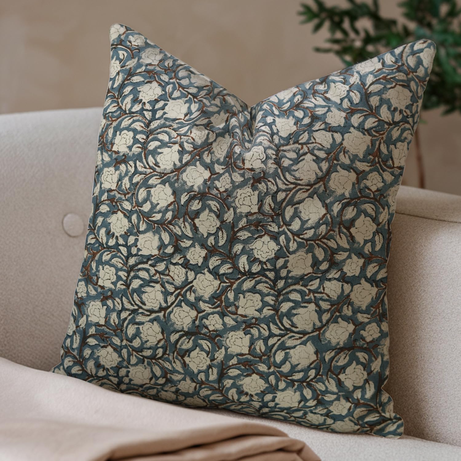 Fabdivine Pillow Covers 26x26 Cushion Cover Hand Block Print Floral Pillowcase Duck Canvas Cotton Decorative Accent Throw Pillows for Outdoor, Farmhouse, Sofa, Couch (Blue-Amritvella)