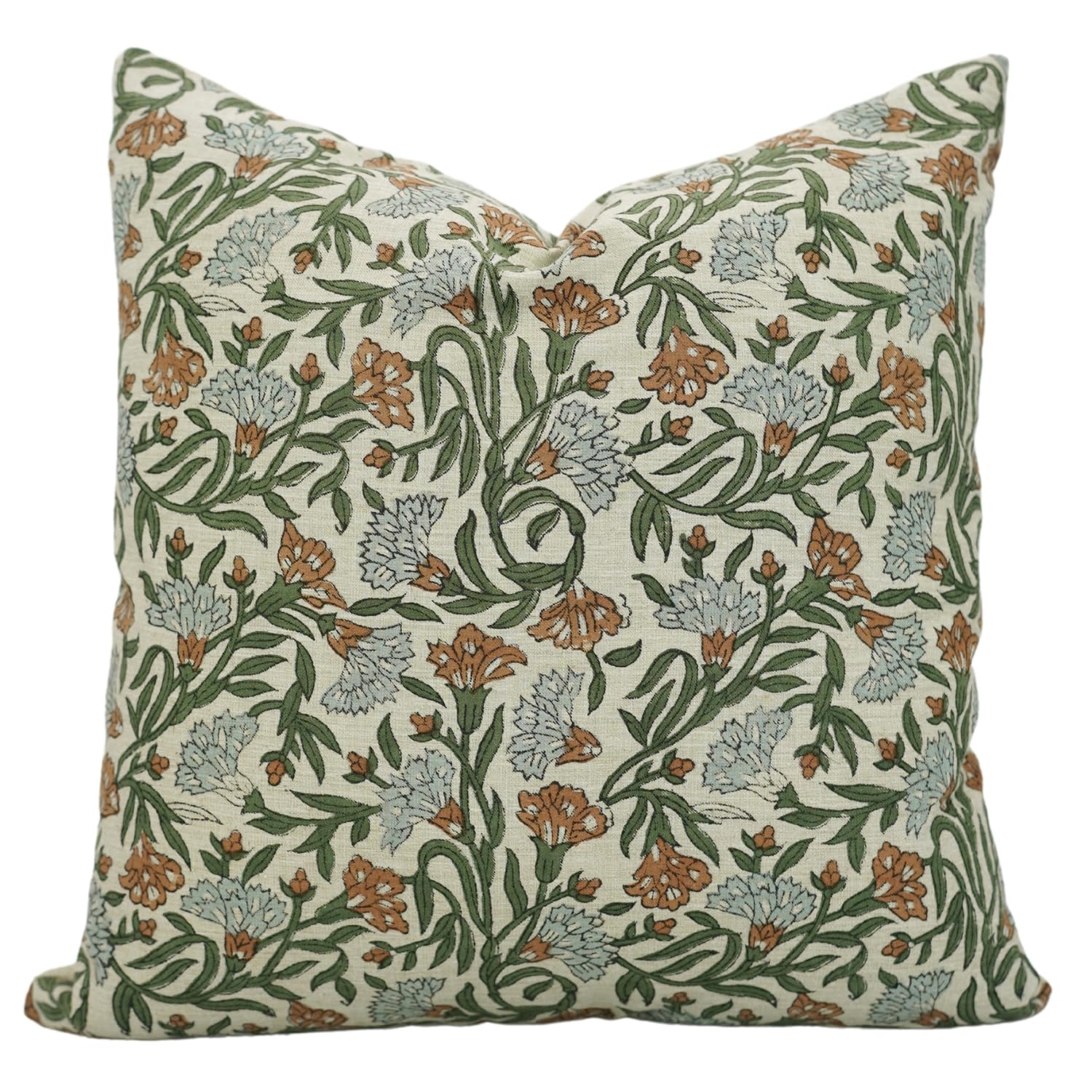 Floral print pillow cover with green, orange, and blue colors 
