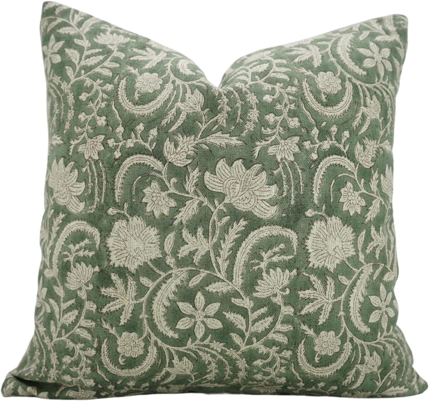 Fabdivine Block Print Handmade Thick Linen 22X22 Throw Pillowcase Cushion Cover with Zipper for Sofa, Couch and Bed, Fall Decoration, Farmhouse, Living Room, Home Décor, Kundanvan, Green