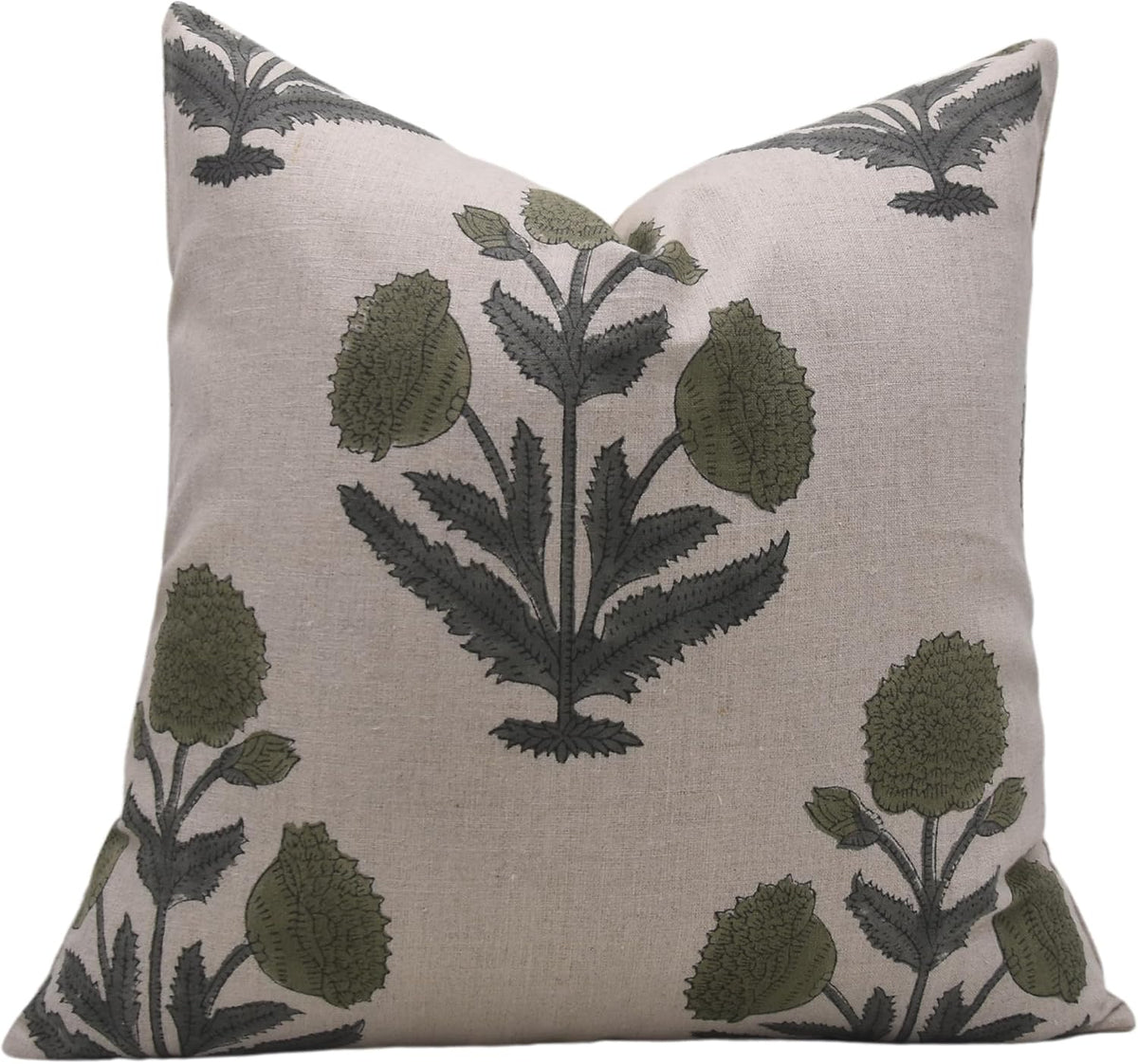 Olive Block Print Badshah Natural Pure Linen Cushion Cover 