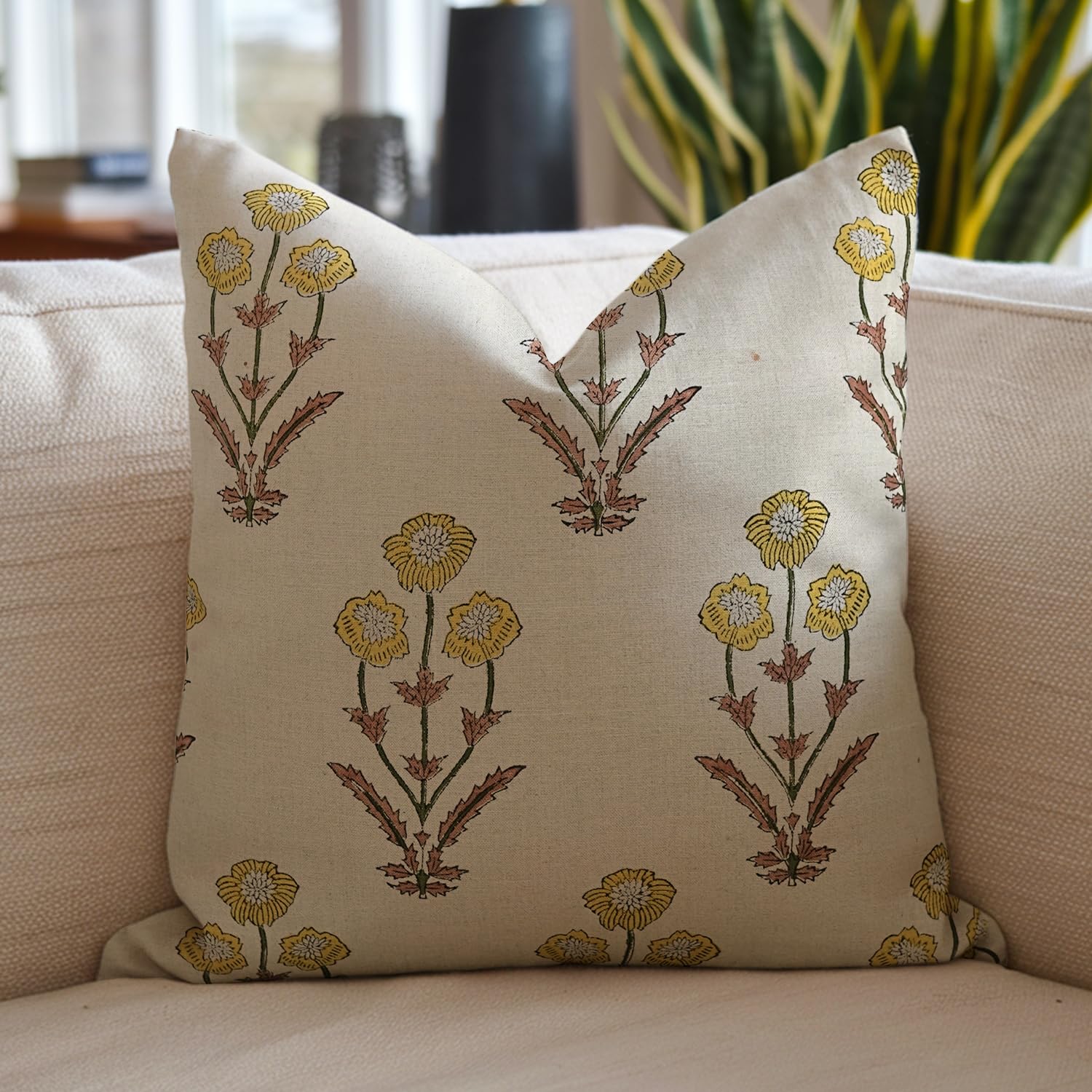 Fabdivine Vintage Handmade Boho Floral Print Pure Linen 14x14 Inch Throw Pillow Cover Decorative with Hidden Zipper for Sofa, Couch, Bedroom, Living Room (Amitabh-Mustard)