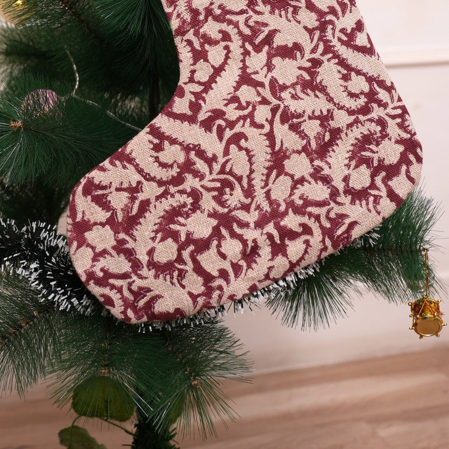 Handcrafted Black Forest Maroon & Beige Floral Block Printed Thick Linen Christmas Stockings with Pom Pom Elegant Holiday Décor