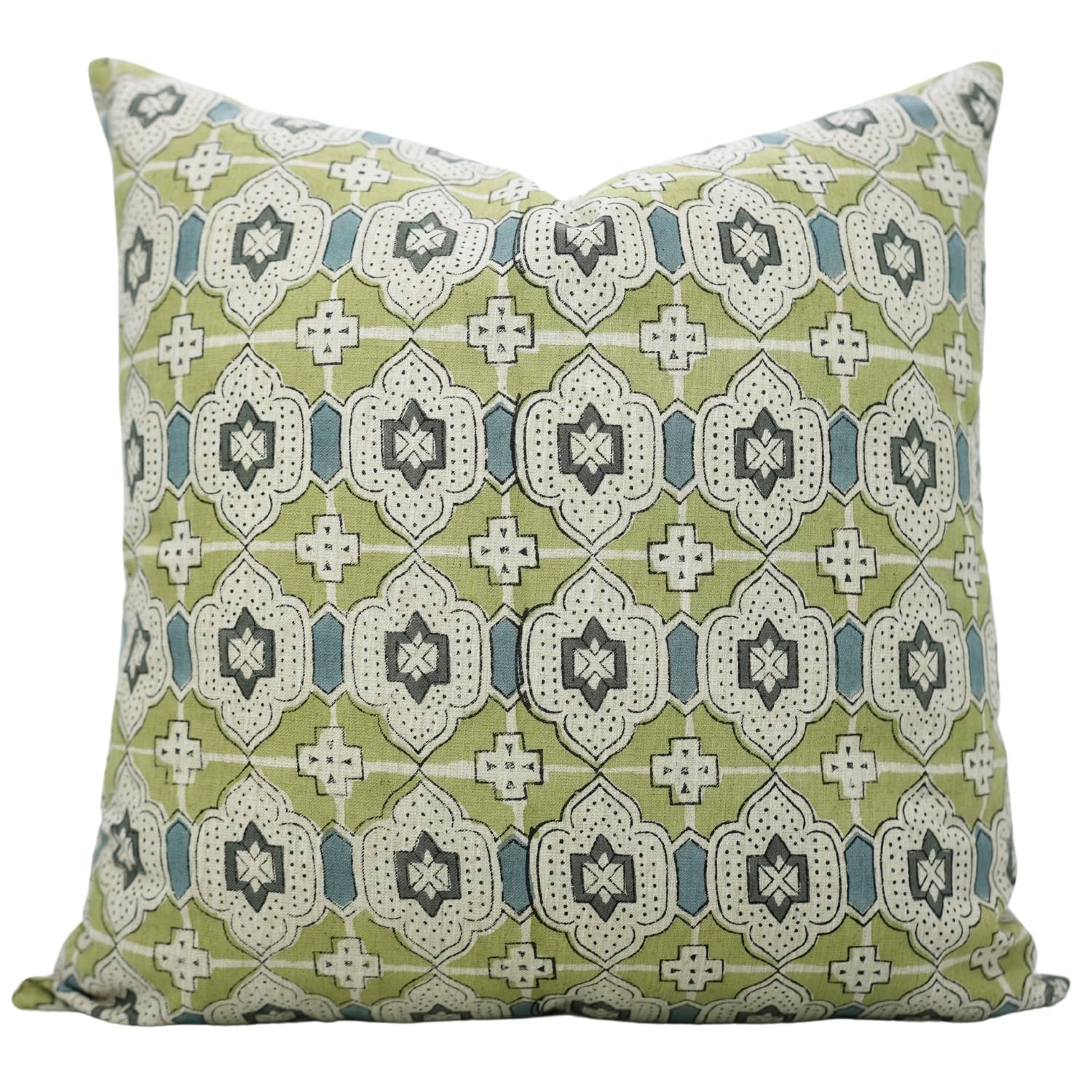 Fabdivine Floral Hand Block Print Viscous Linen 22X22 Throw Cushion Cover, Indoor Farmhouse Pillowcase, Decorative for Sofa and Couch, Boho Home Decor, Jharoka, Light Green