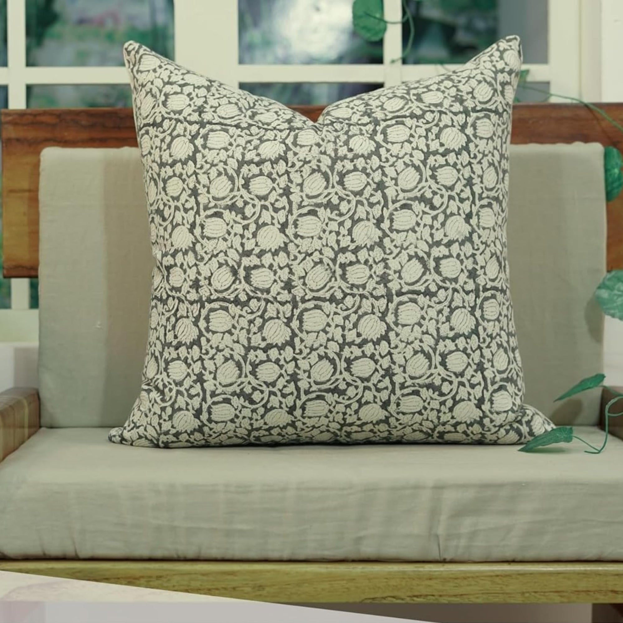 Fabdivine Pillow Cover 18x18 Cushion Covers Hand Block Floral Print Dark Grey Pillowcase Decorative Accent Throw Boho Pillows for Sofa, Farmhouse, Living Room, Bedroom, Indoor, Outdoor, 8 Kamal