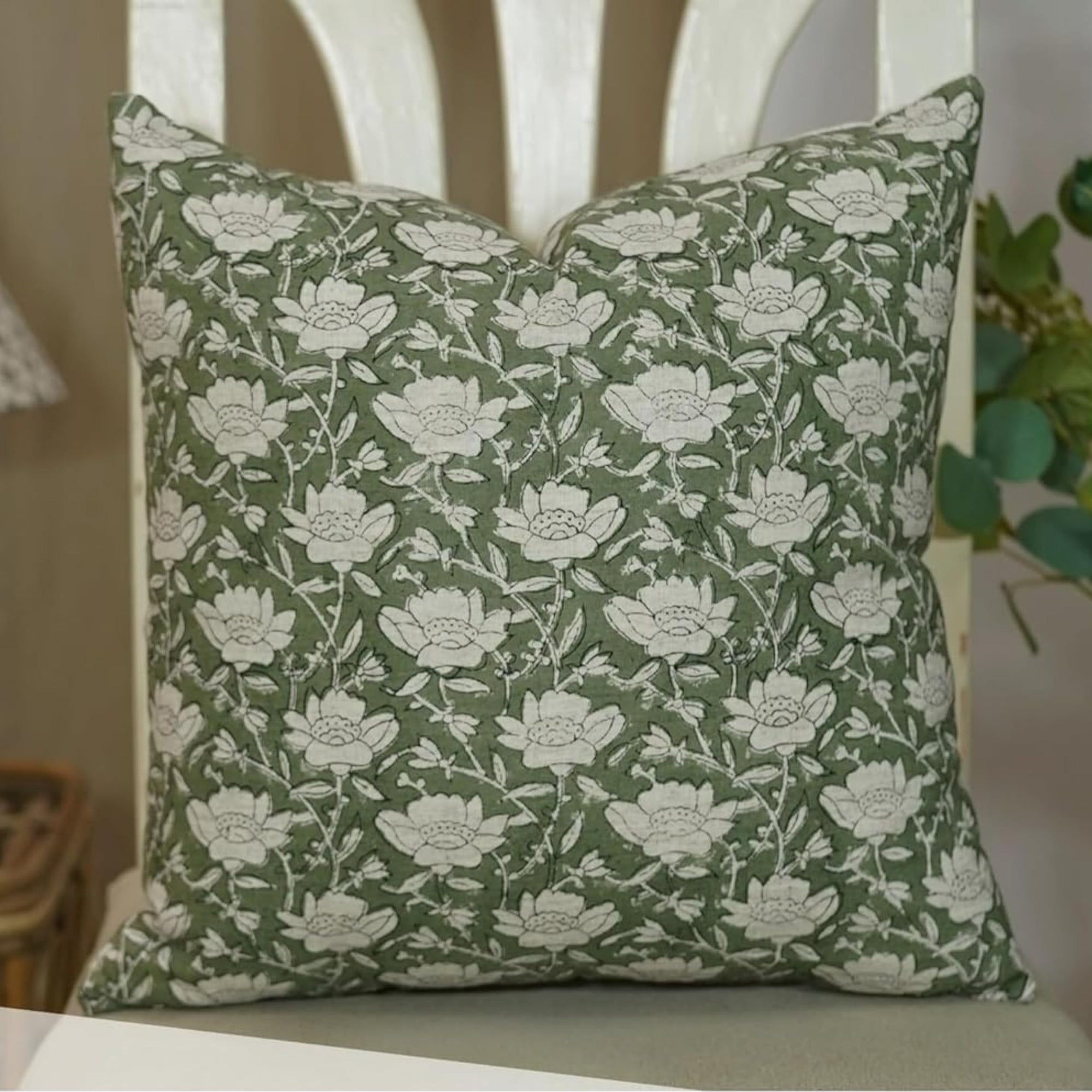 Fabdivine Block Print Handmade Cotton Linen Elegant Decorative Throw Cushion Cover Square 12'X34' Floral Pillowcase for Farmhouse, Chair, Bed (Dhruv-Green)