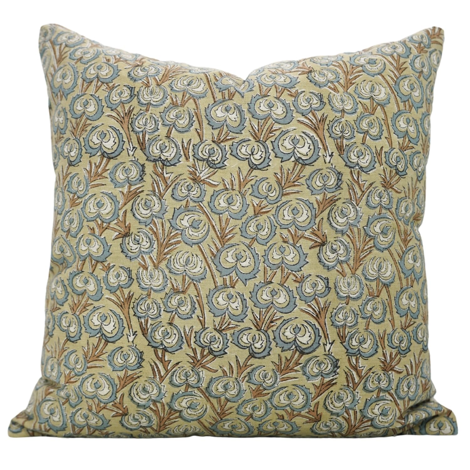 Fabdivine Floral Hand Block Print Linen 18X18 Throw Cushion Cover, Indoor Farmhouse Pillowcase, Decorative for Sofa and Couch, Boho Home Decor, Heartvine, Green