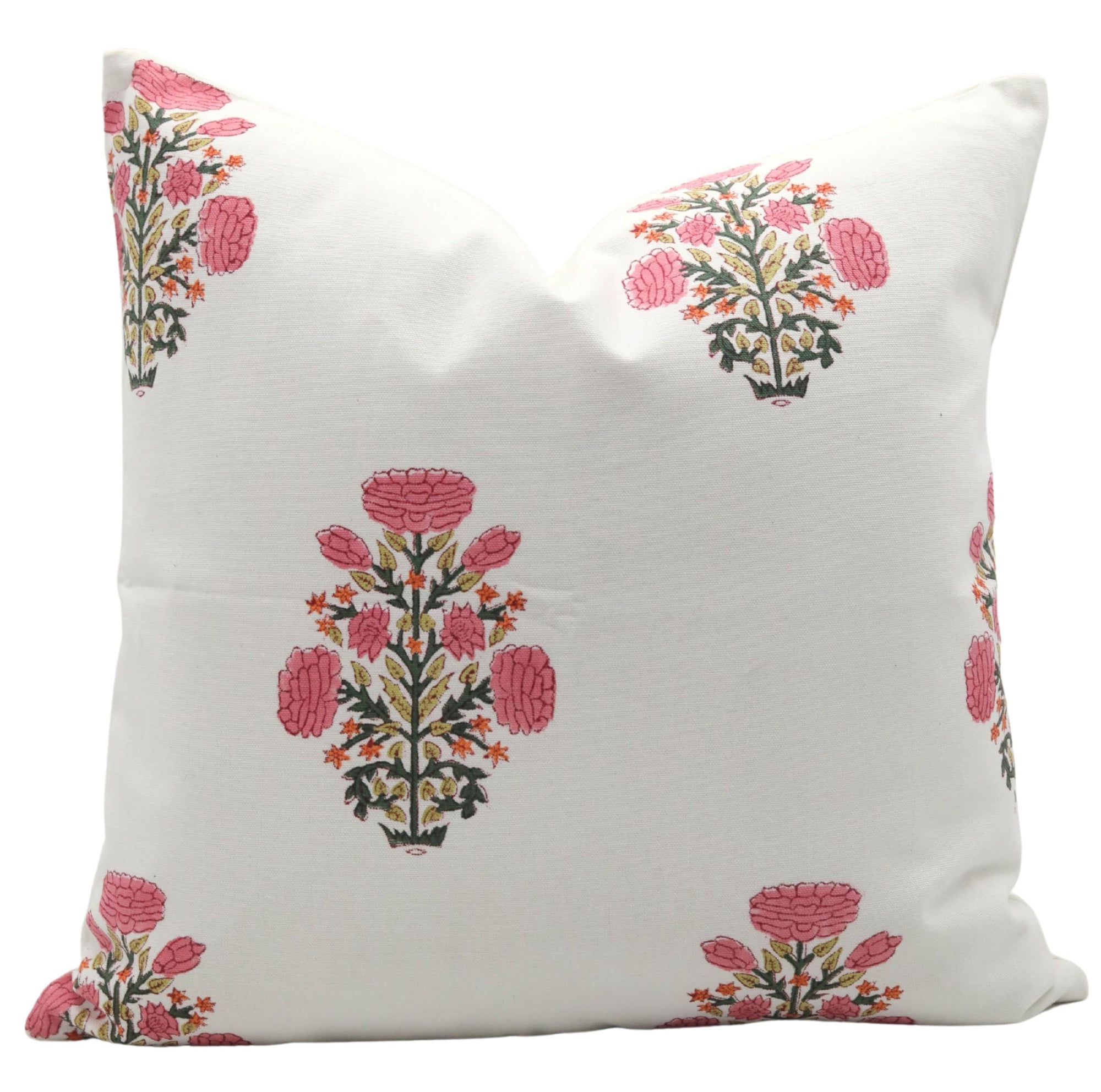 Fabdivine Thick Cotton White Elegant Handmade Block Print 14X14 Inch Throw Pillowcase Cushion Cover Decoration for Sofa, Couch, Living Room (Swedesh-Pink-Yellow)