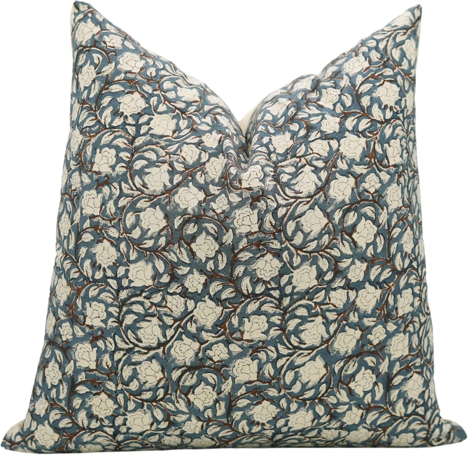 Fabdivine Pillow Covers 16x16 Cushion Cover Hand Block Print Floral Pillowcase Duck Canvas Cotton Decorative Accent Throw Pillows for Outdoor, Indoor, Farmhouse, Sofa, Couch (Blue-Amritvella)