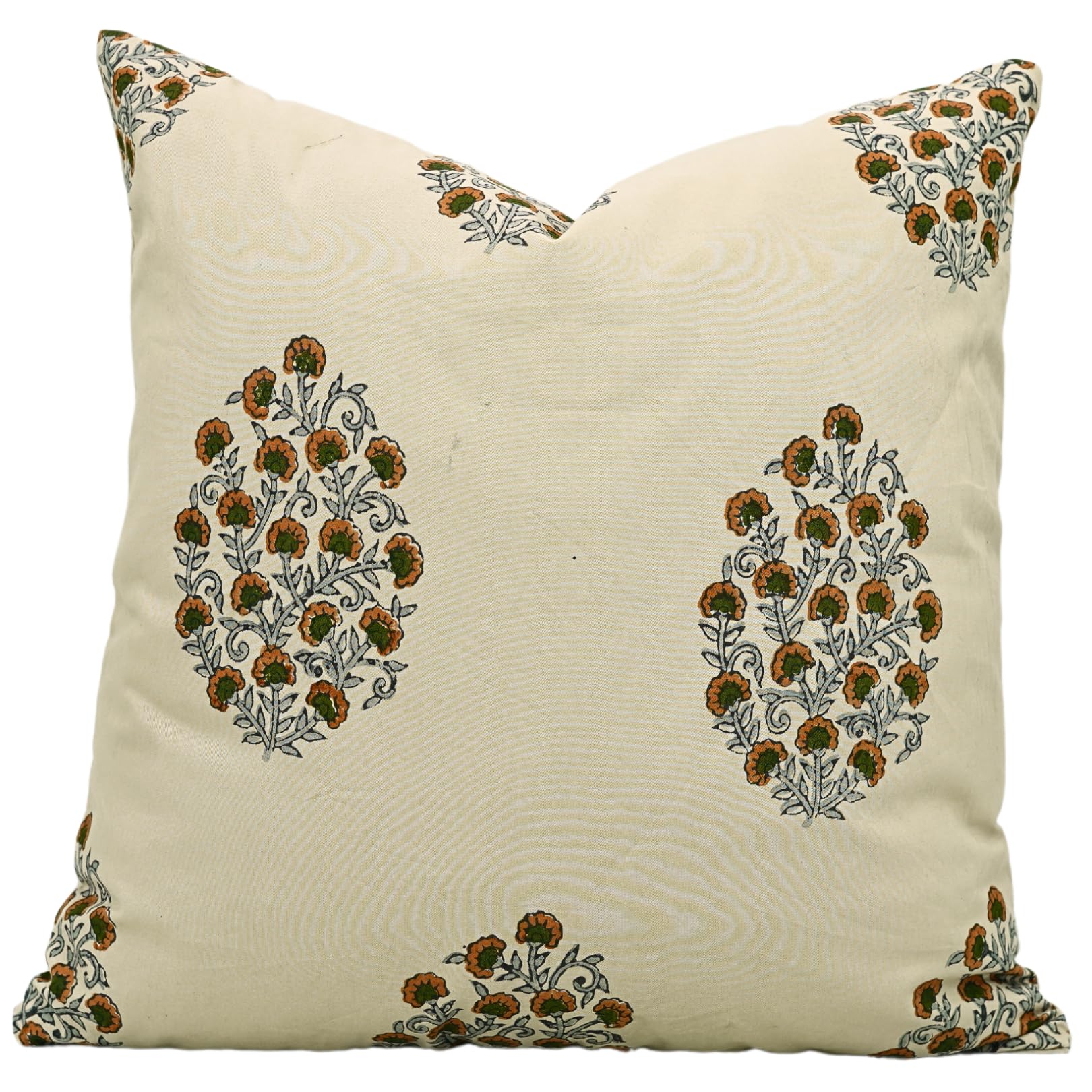 Fabdivine Handmade Art Throw Pillow Cover Lumbar Shape 14X20 Inch Decorative Farmhouse Cotton Satin Couch Cushion Case Soft Plush Boho Floral Home Décor, Gudhal, Orange and Green