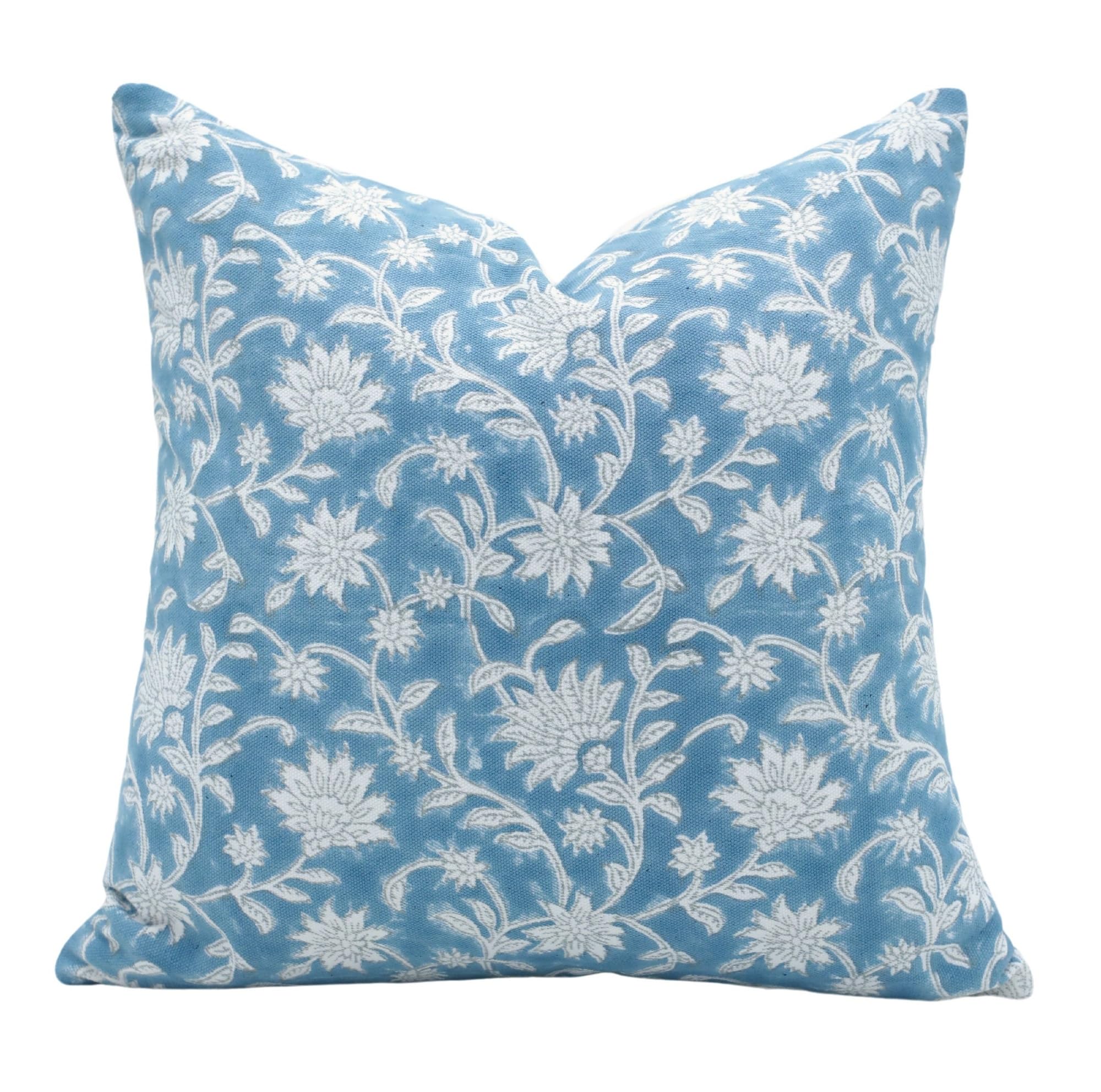 Fabdivine Thick Cotton White Handcrafted Block Print 14X14 Inch Throw Pillowcase Cushion Cover Decorative for Sofa and Couch, Bedroom, Home Décor (Aradhana-Light Blue)