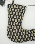 Hand Block Printed Linen Christmas Stockings Black & Brown Floral Design with Pom Pom Holiday Decor