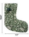 India Artisan Block Printed Christmas Stocking Green & Beige Floral Pom Pom in Thick Linen Neutral Holiday Decor – KUNDANVAN