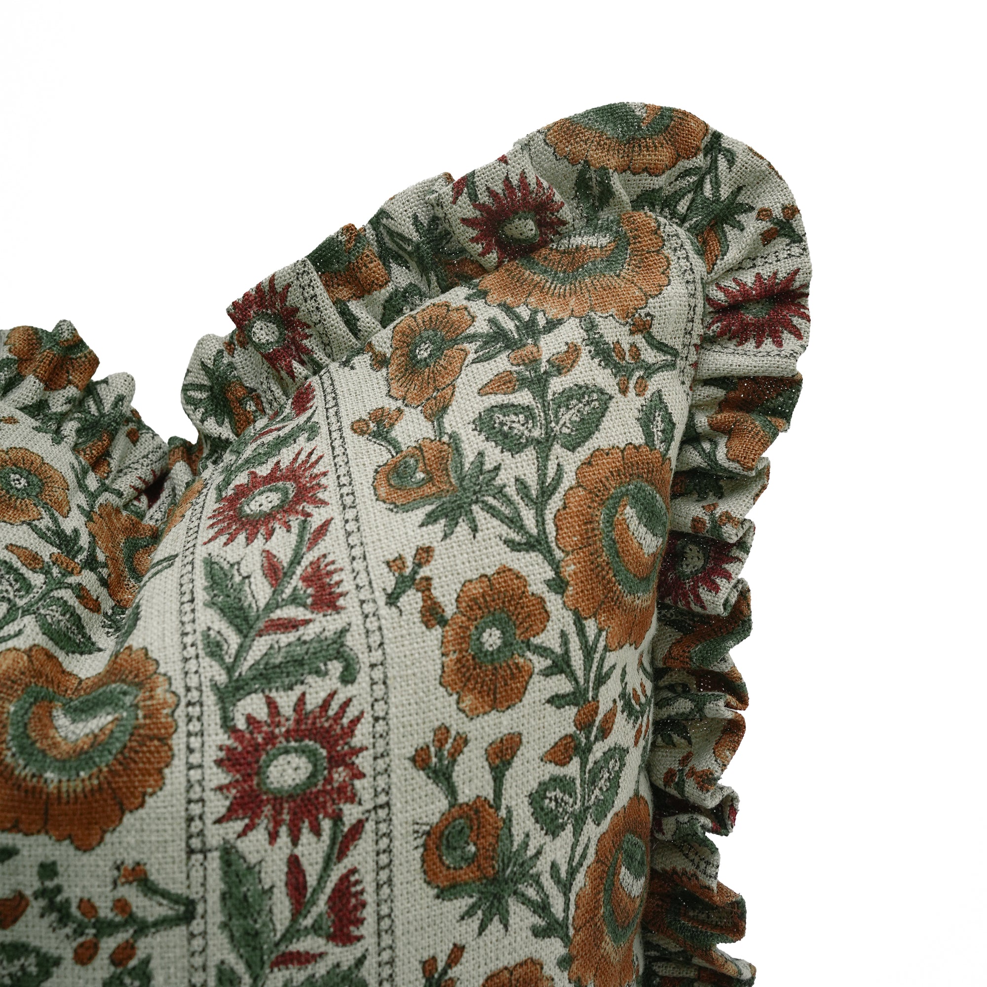 Sunflower Block Printed Linen Frill Cushion Cover - Rust Floral