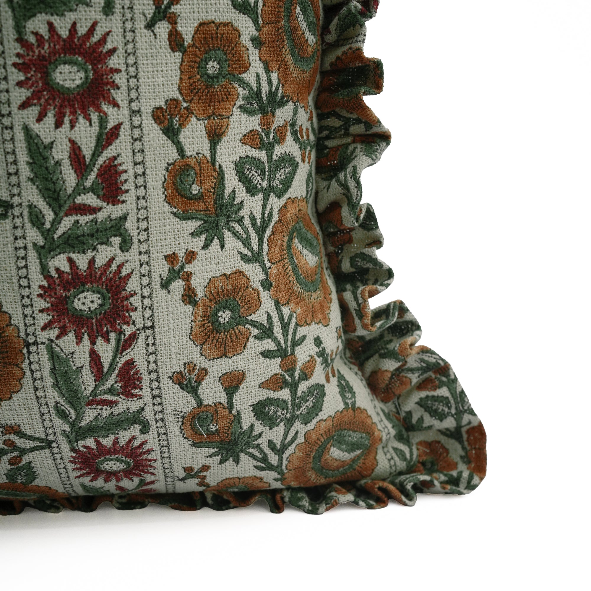 Sunflower Block Printed Linen Frill Cushion Cover - Rust Floral