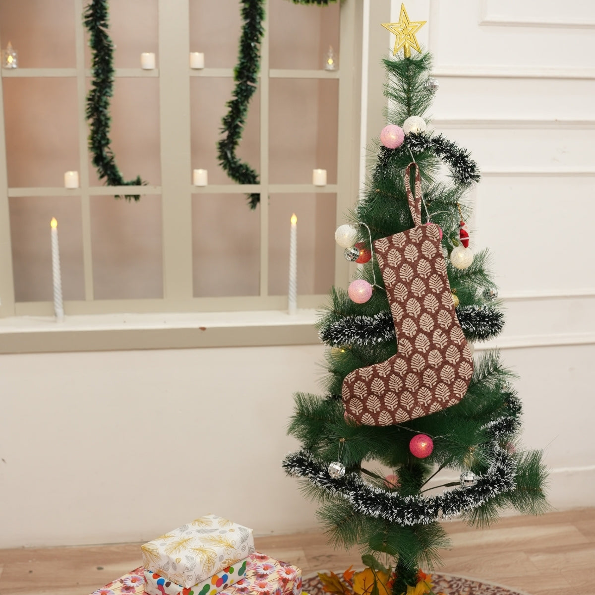 Handmade Thick Linen Brown & Beige Floral Tree Christmas Elegant Decortaive Stockings on Sangmarmar Block Printed with Pompom