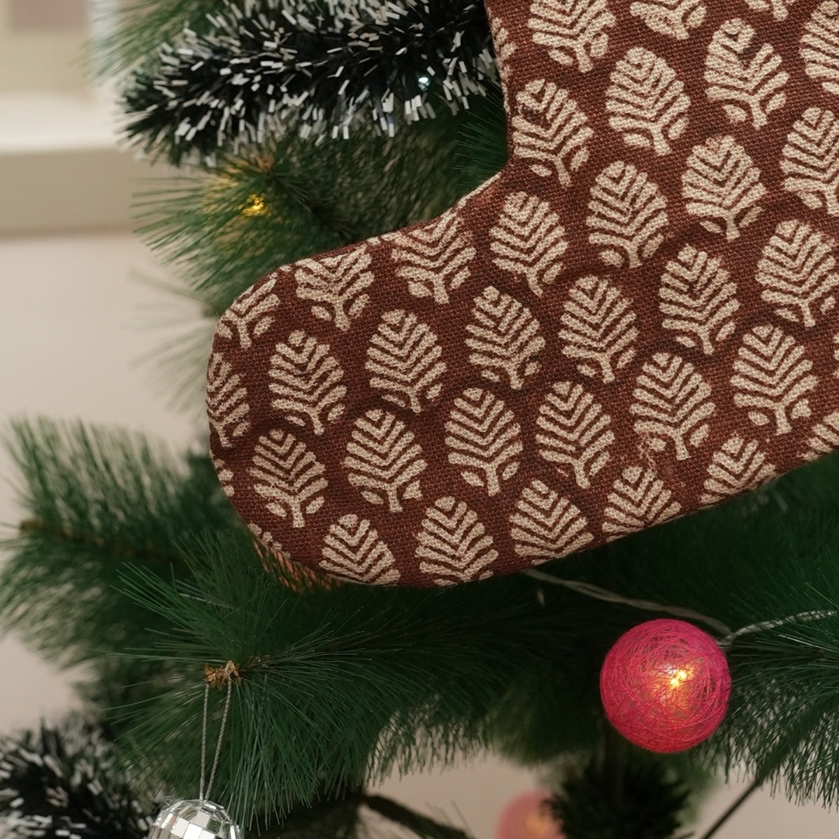 Handmade Thick Linen Brown & Beige Floral Tree Christmas Elegant Decortaive Stockings on Sangmarmar Block Printed with Pompom