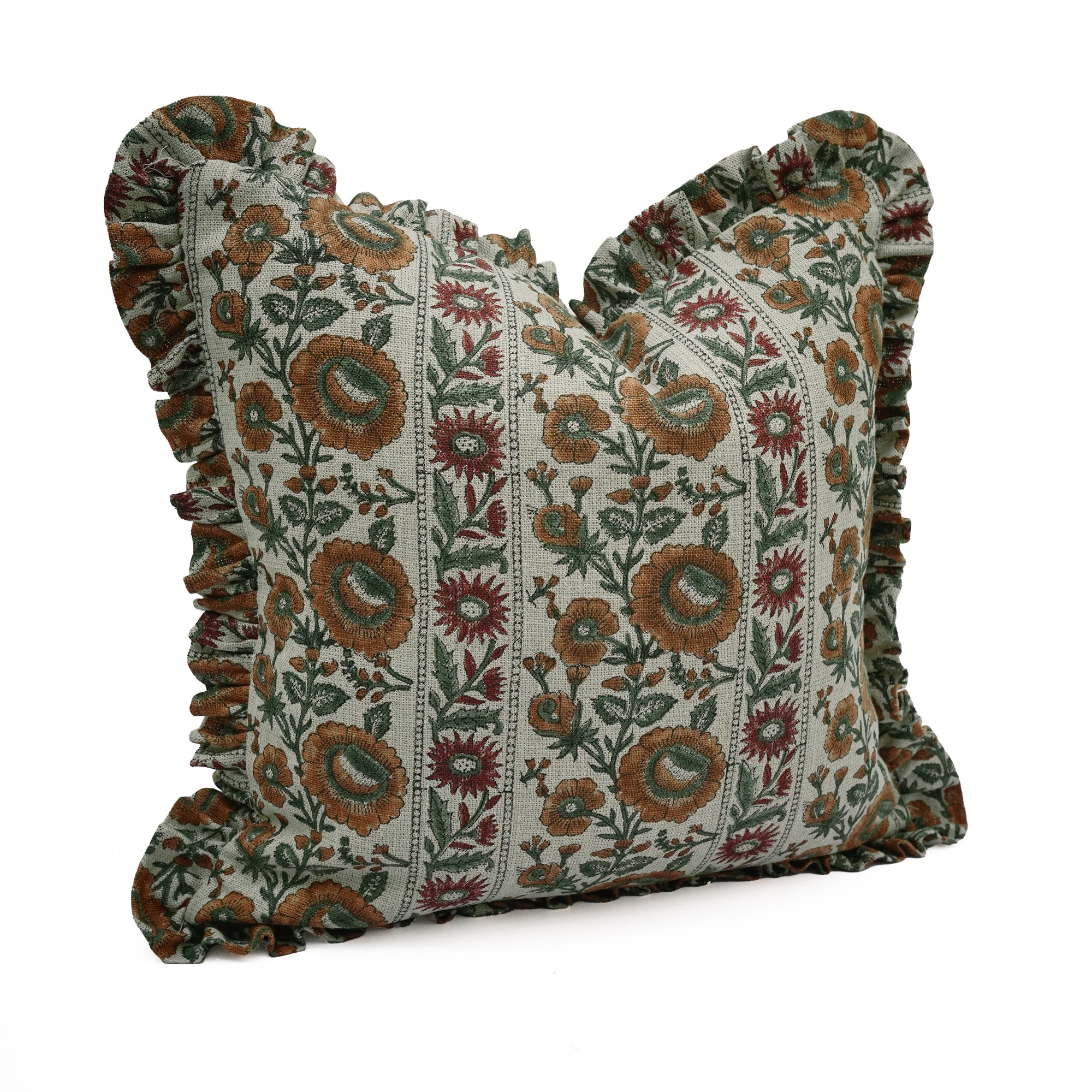 Sunflower Block Printed Linen Frill Cushion Cover - Rust Floral