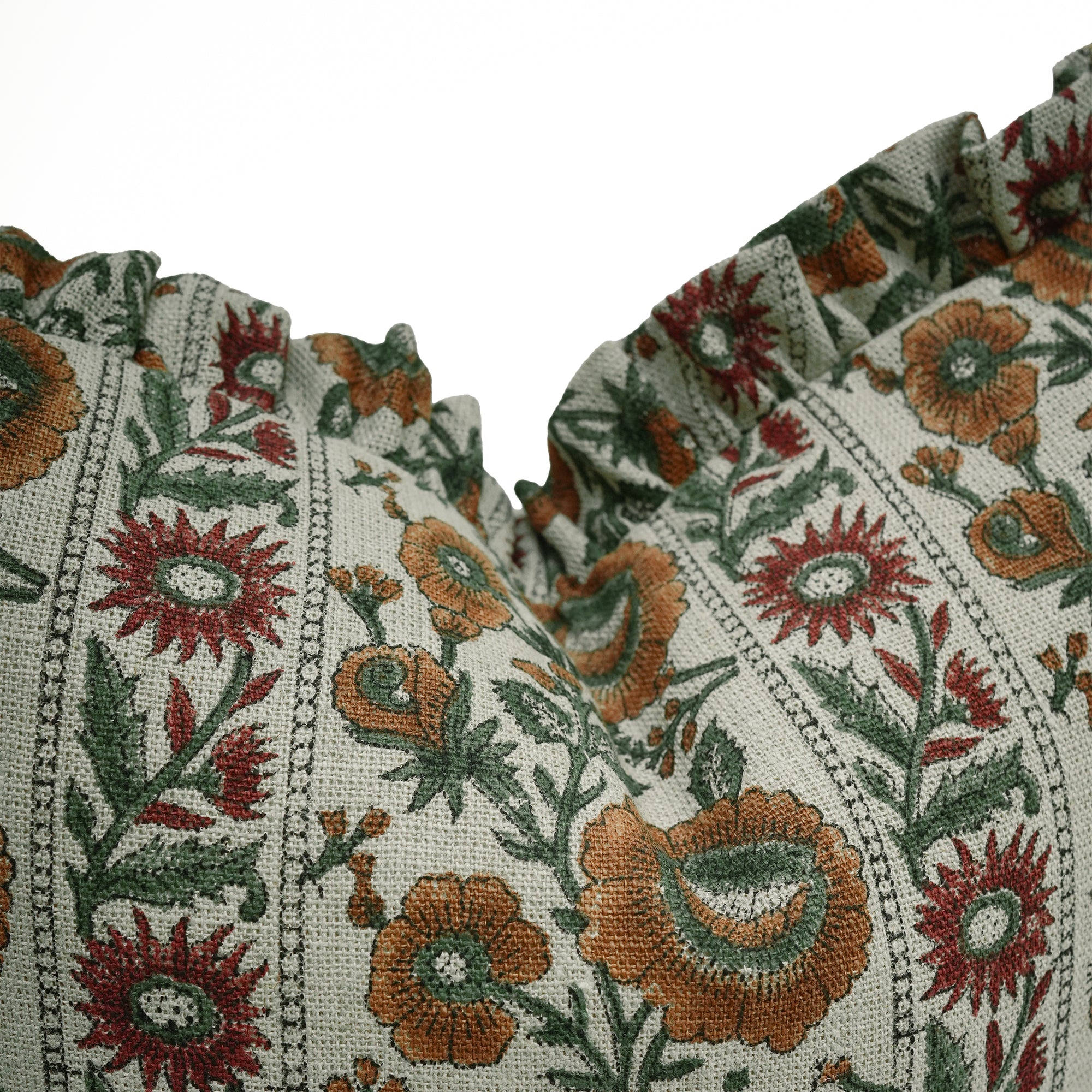 Sunflower Block Printed Linen Frill Cushion Cover - Rust Floral