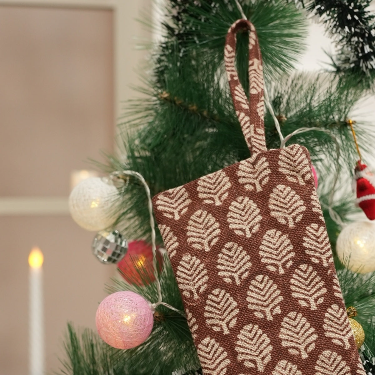 Handmade Thick Linen Brown & Beige Floral Tree Christmas Elegant Decortaive Stockings on Sangmarmar Block Printed with Pompom