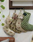 Christmas Stocking Pure Linen Hand Block Printed Floral Decorative Pom Pom Modern Farmhouse Holiday Decor  – RISHI