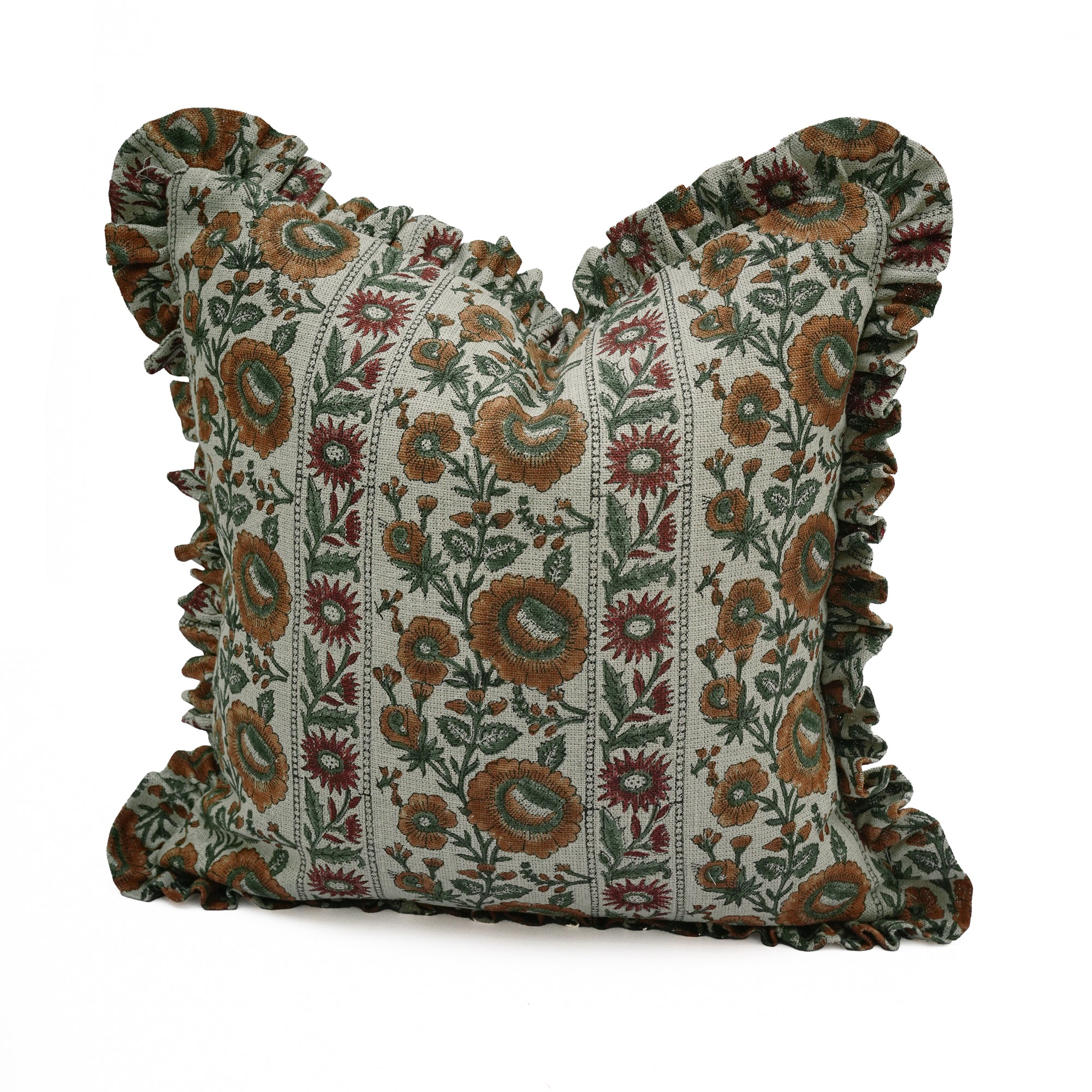 Sunflower Block Printed Linen Frill Cushion Cover - Rust Floral