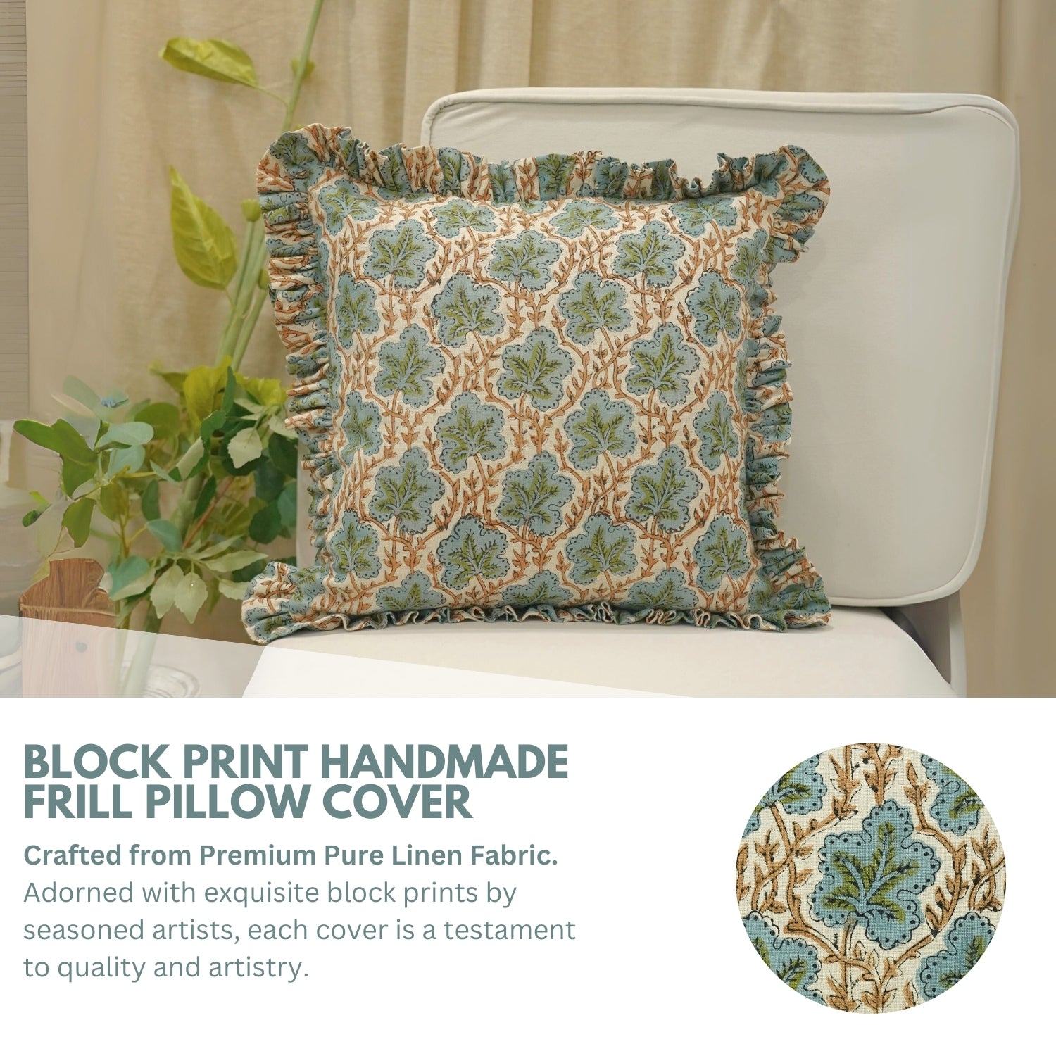 Handmade Block Printed Pure Linen Frill Pillow Cover - Pushpa Samhita