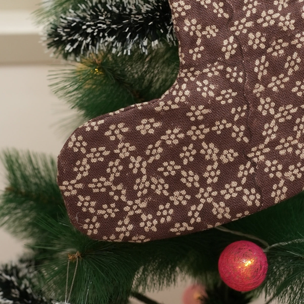 Handcrafted Block Printed Thick Linen Christmas Stockings Brown & Beige Mini Floral on Ola Vrishti with Pompom for Christmas Tree