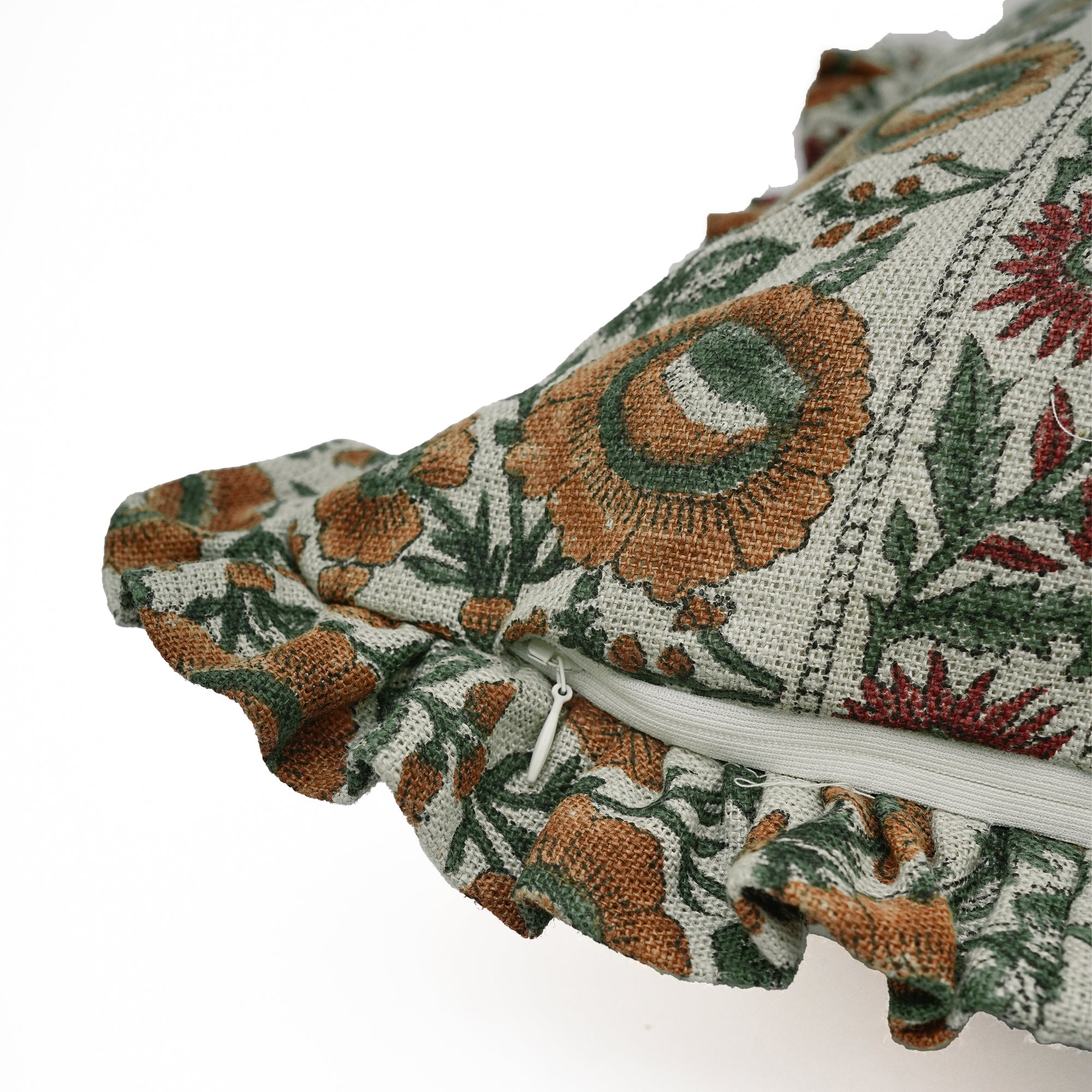 Sunflower Block Printed Linen Frill Cushion Cover - Rust Floral