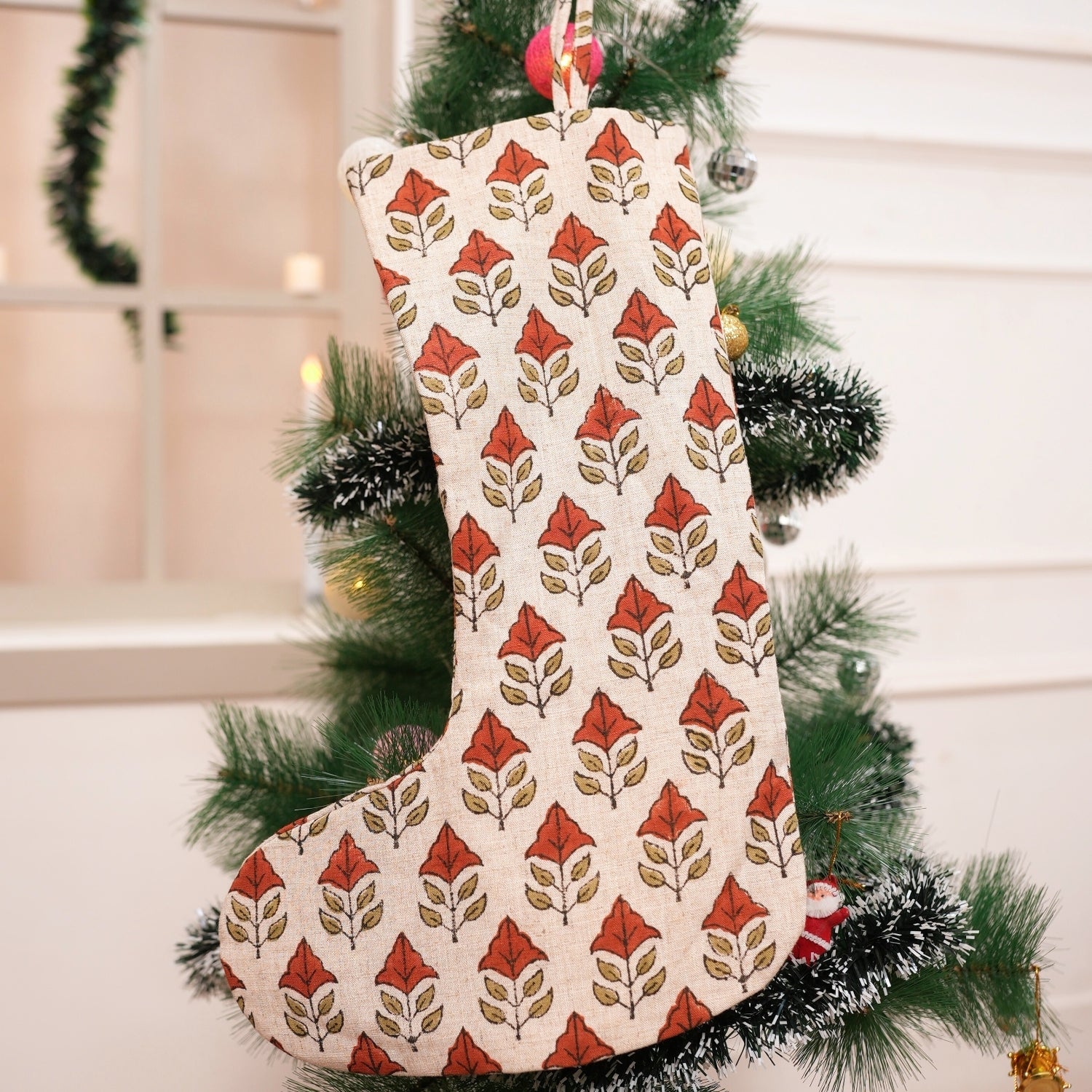 Block Printed Chinese Brown & Metallic Bronze Floral Mayur Viscose Linen Christmas Stockings with Pompom for Bedroom Décor