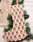Block Printed Chinese Brown & Metallic Bronze Floral Mayur Viscose Linen Christmas Stockings with Pompom for Bedroom Décor