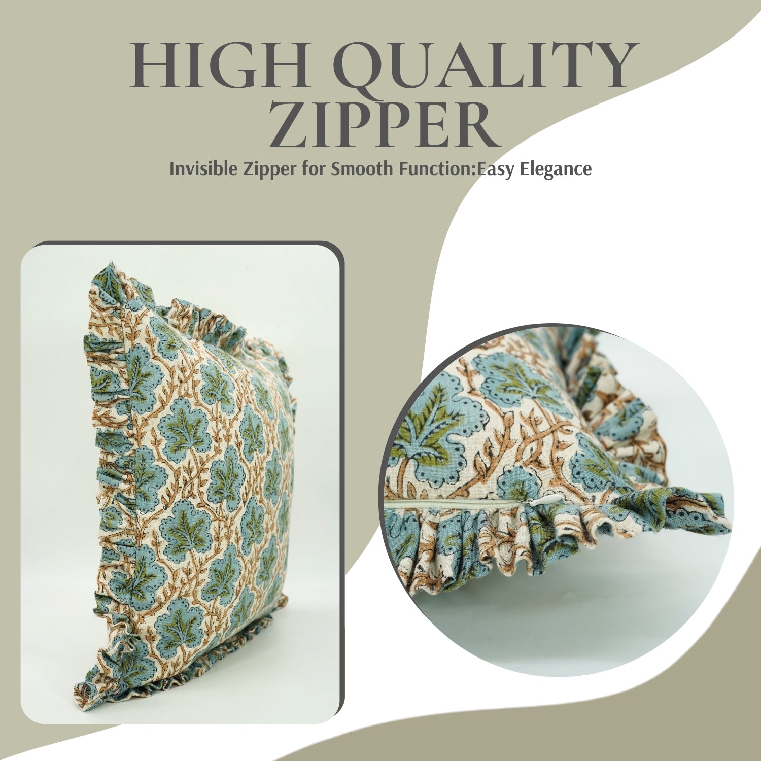 Handmade Block Printed Pure Linen Frill Pillow Cover - Pushpa Samhita