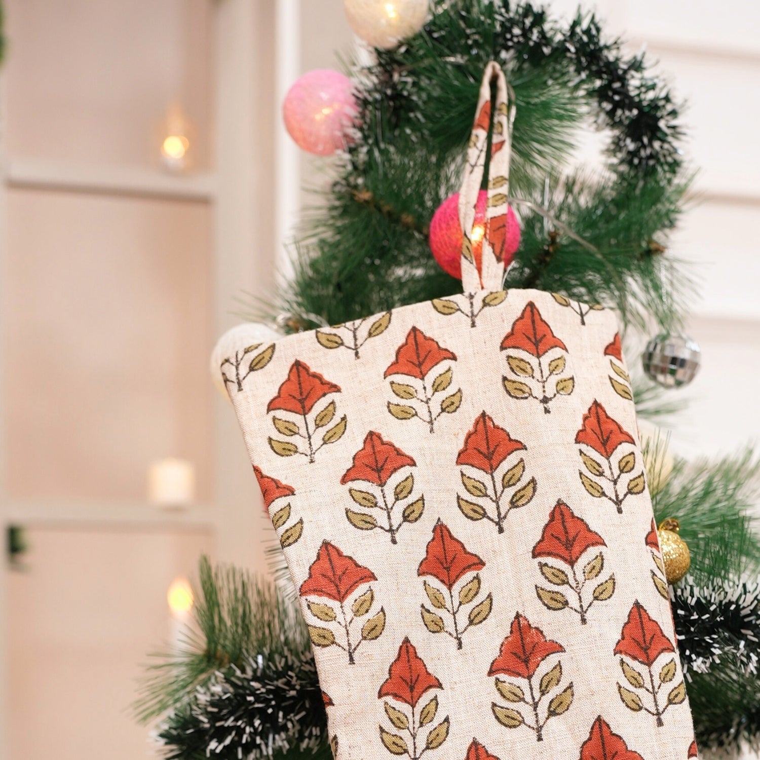 Block Printed Chinese Brown & Metallic Bronze Floral Mayur Viscose Linen Christmas Stockings with Pompom for Bedroom Décor