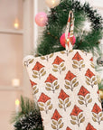 Block Printed Chinese Brown & Metallic Bronze Floral Mayur Viscose Linen Christmas Stockings with Pompom for Bedroom Décor