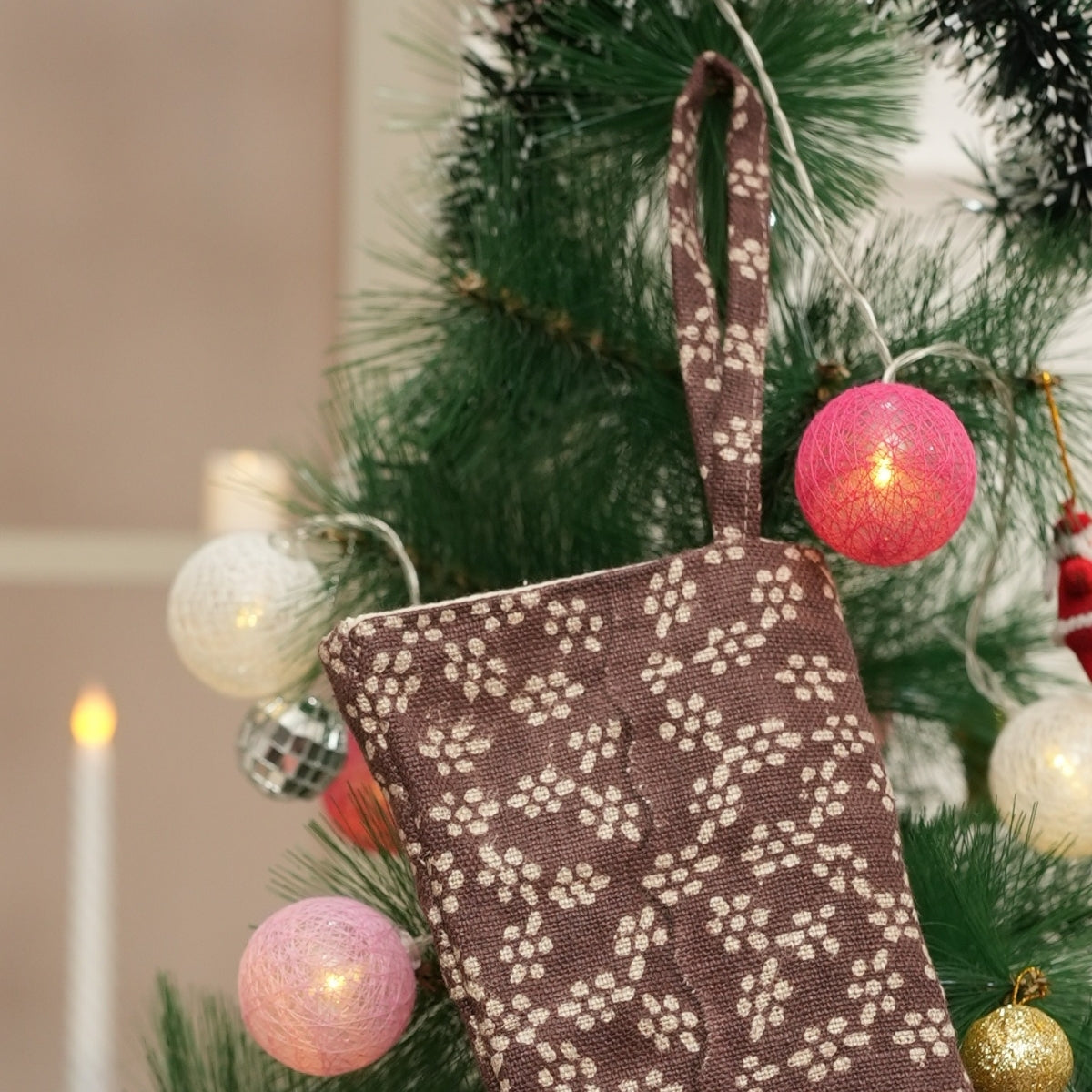 Handcrafted Block Printed Thick Linen Christmas Stockings Brown & Beige Mini Floral on Ola Vrishti with Pompom for Christmas Tree