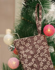 Handcrafted Block Printed Thick Linen Christmas Stockings Brown & Beige Mini Floral on Ola Vrishti with Pompom for Christmas Tree