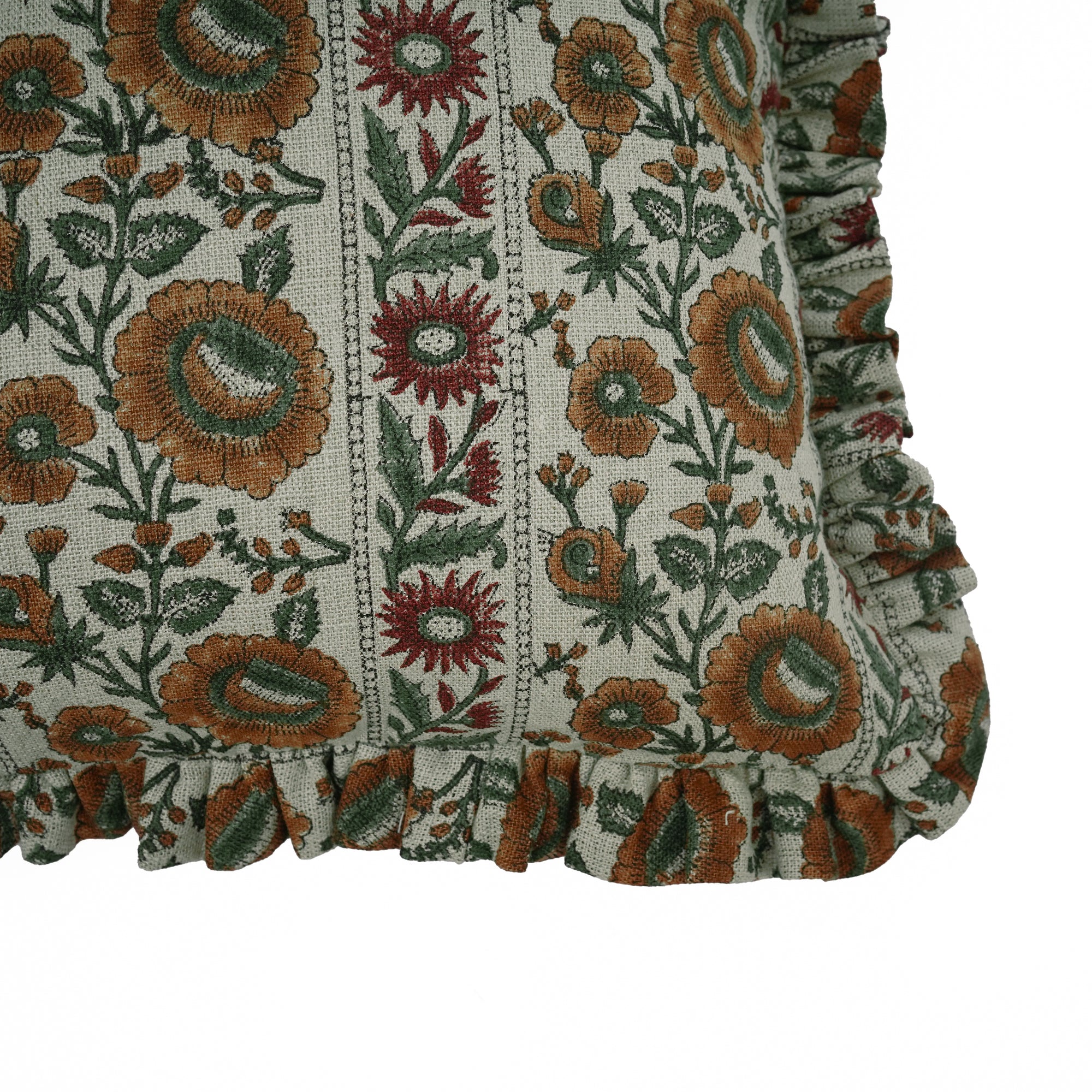 Sunflower Block Printed Linen Frill Cushion Cover - Rust Floral