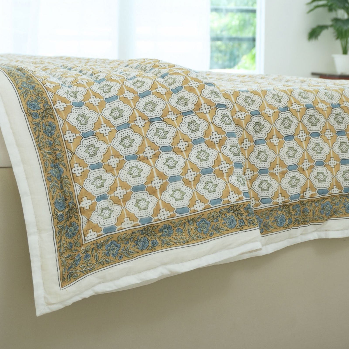 Jaipur Artisan Made Mustard Jarokha Cotton Reversible Quilt