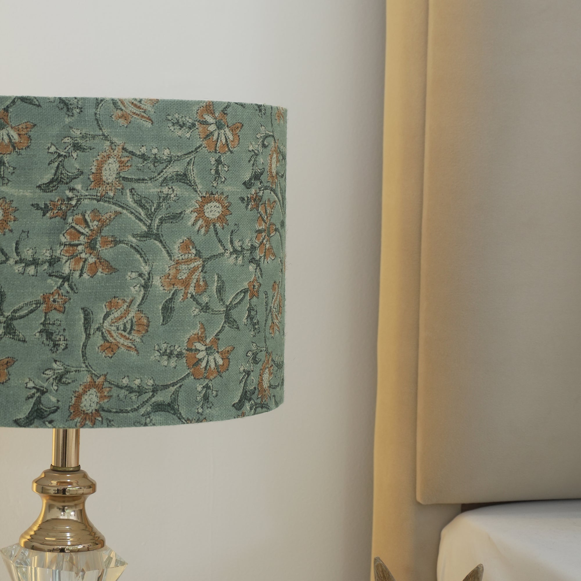 Block Printed Sage Green Floral Linen Boho Lampshade - Nayab